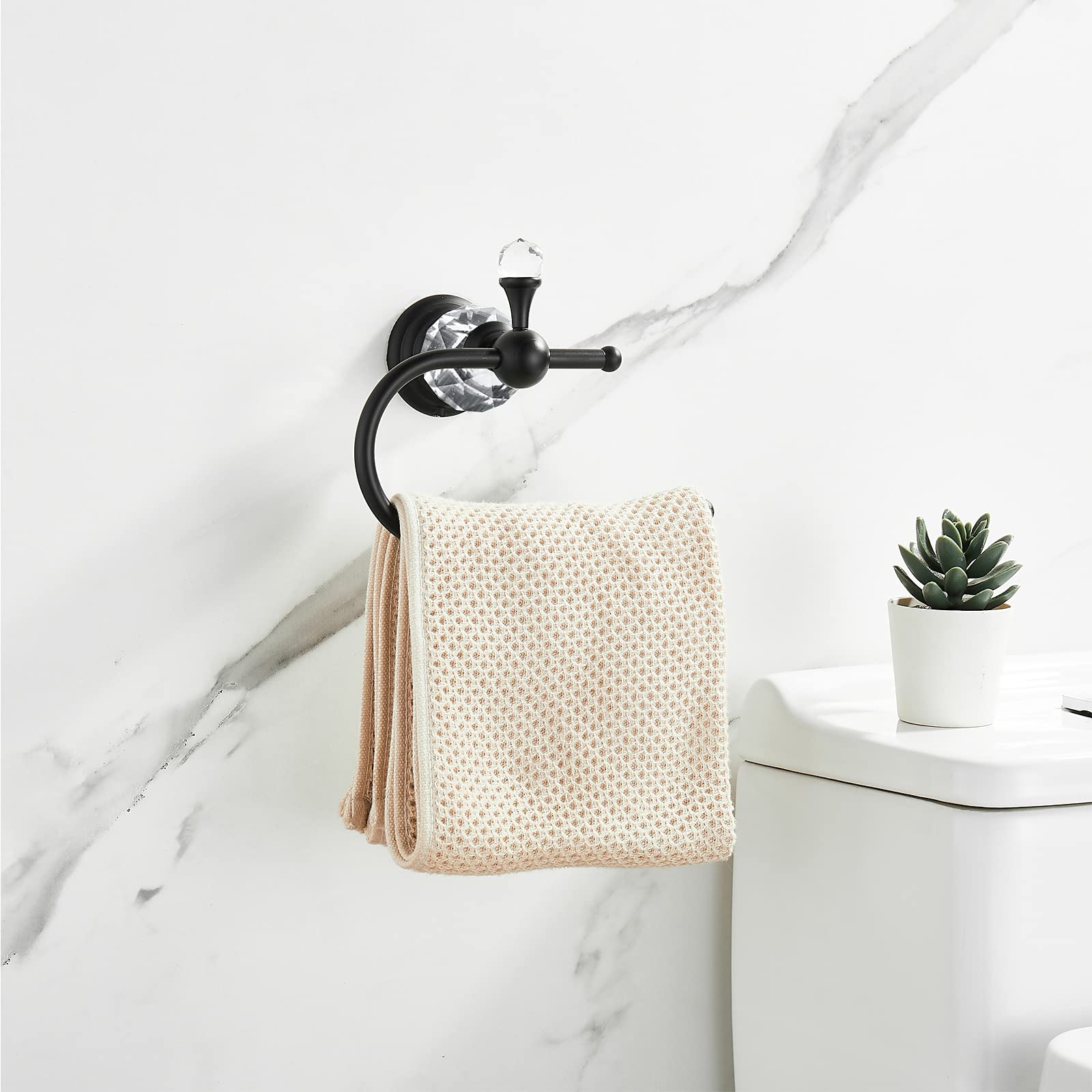 Wolibeer Crystal Towel Ring,Matte Black Toilet Paper Holder Stand Hand Towel Holder Towel Hook Tissue Roll Paper Holder Towel Ha
