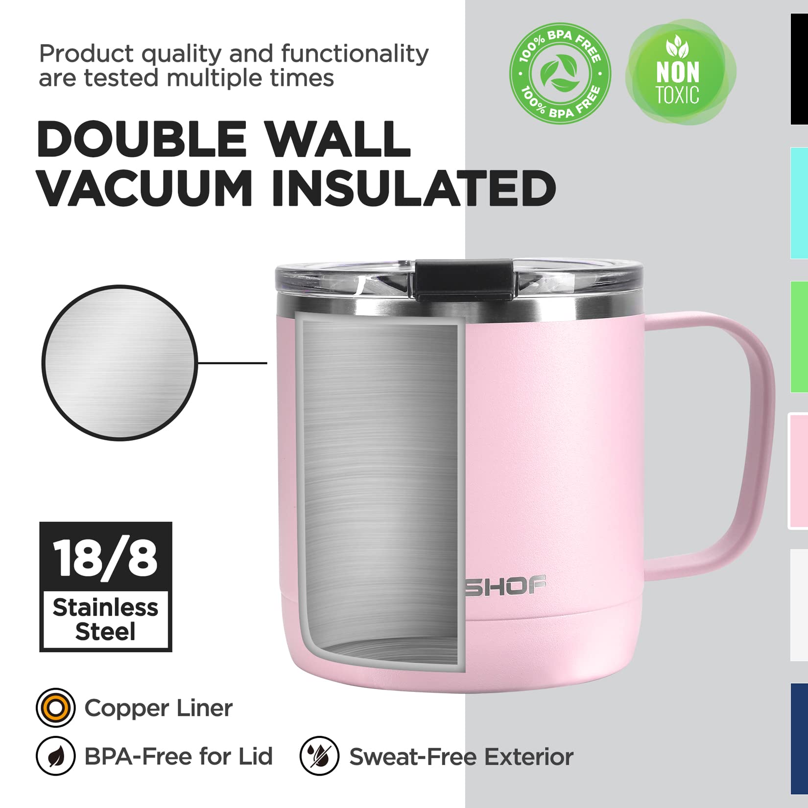 Haushof 14 Oz Coffee Mug, Insulated Coffee Mug With Handle, Travel Camping Cup, Portable Stainless Steel Coffee Cup, Insulated C