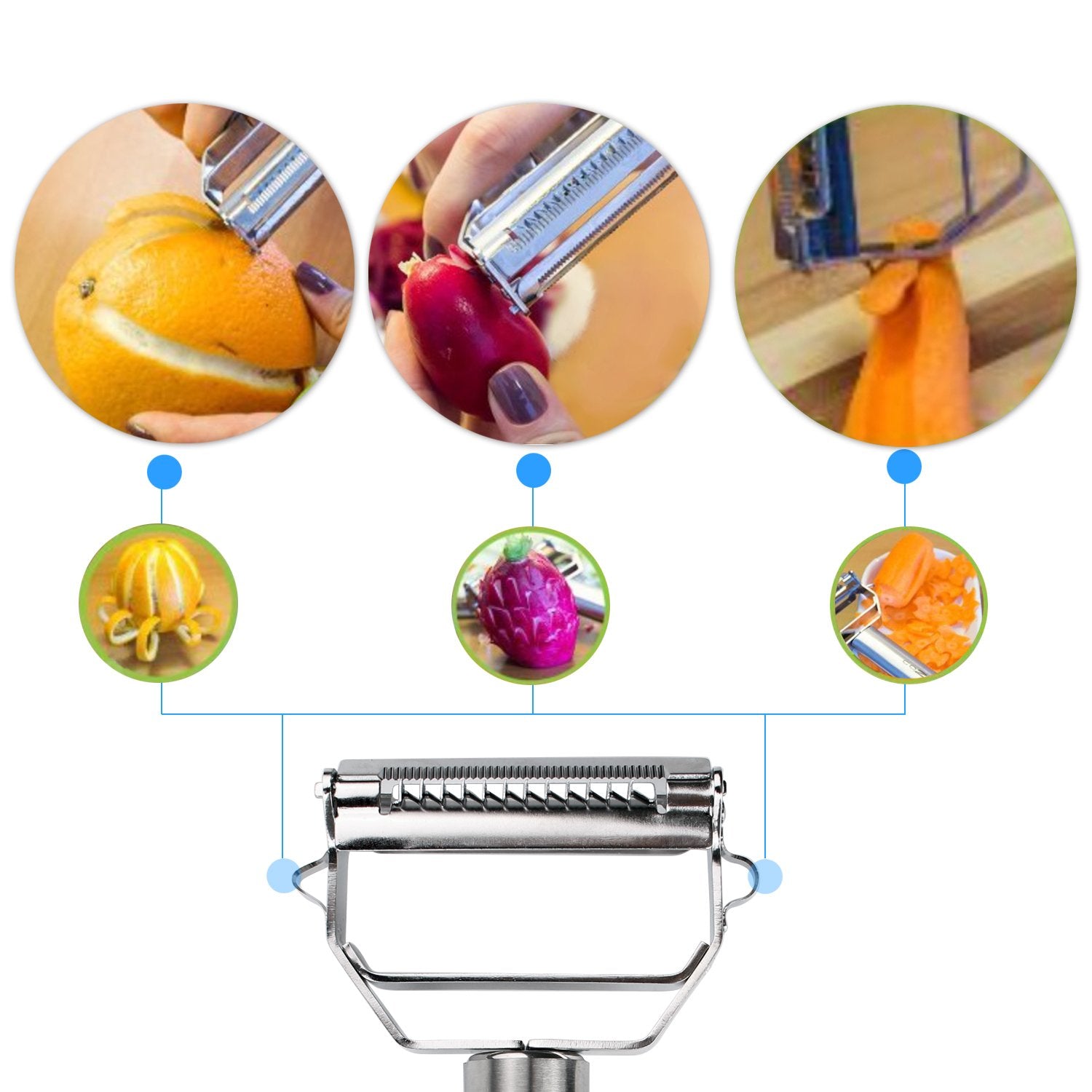 SUNKUKA Stainless Steel Julienne Peeler & Cutter for Vegetables & Fruits, Model 160922, Includes Cleaning Brush, Ideal for Carrots & Potatoes