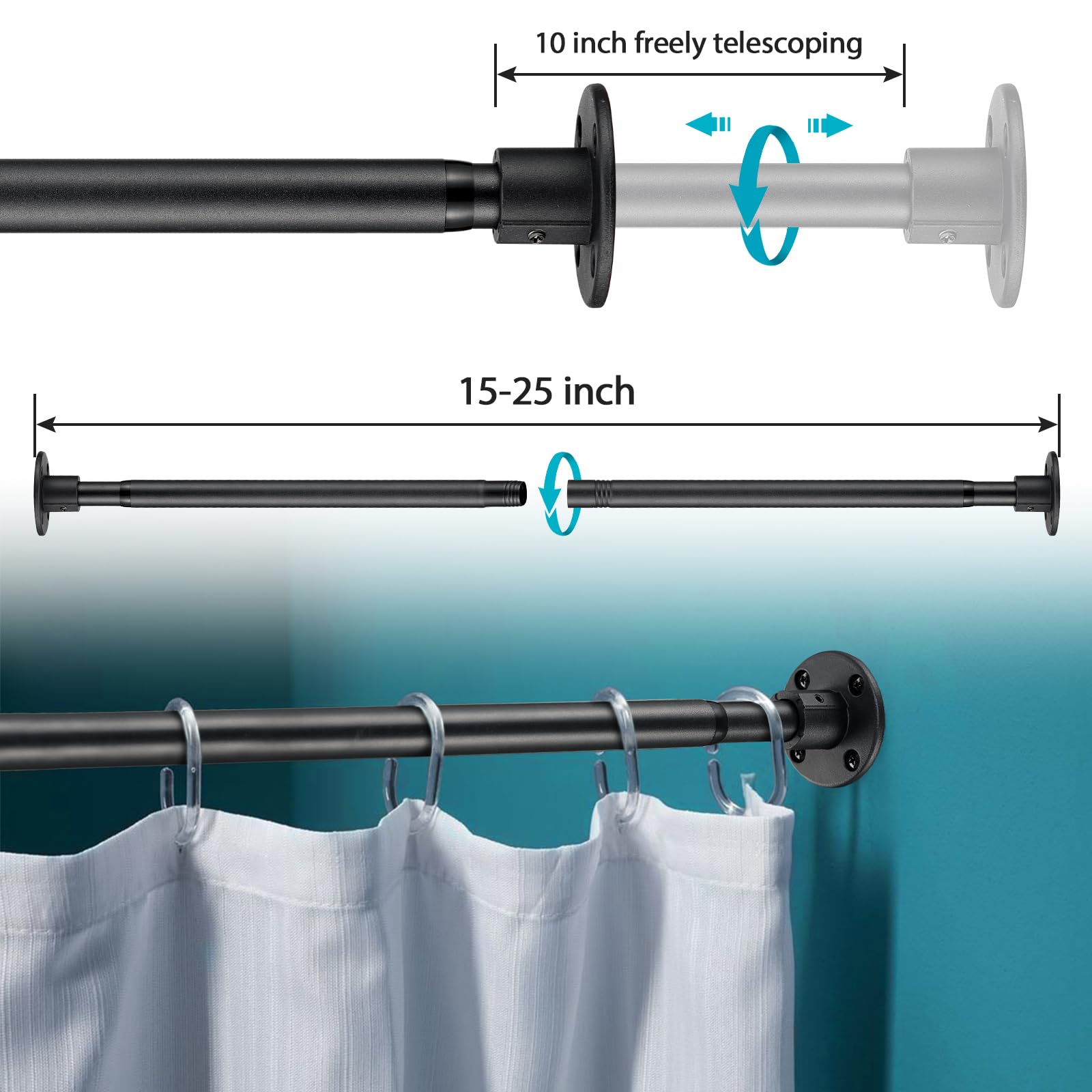 Closet Rods For Hanging Clothes, 15-25 Inch Adjustable Size, Screw Fixing Connection, For Closet Wardrobes Laundry Rv, Black