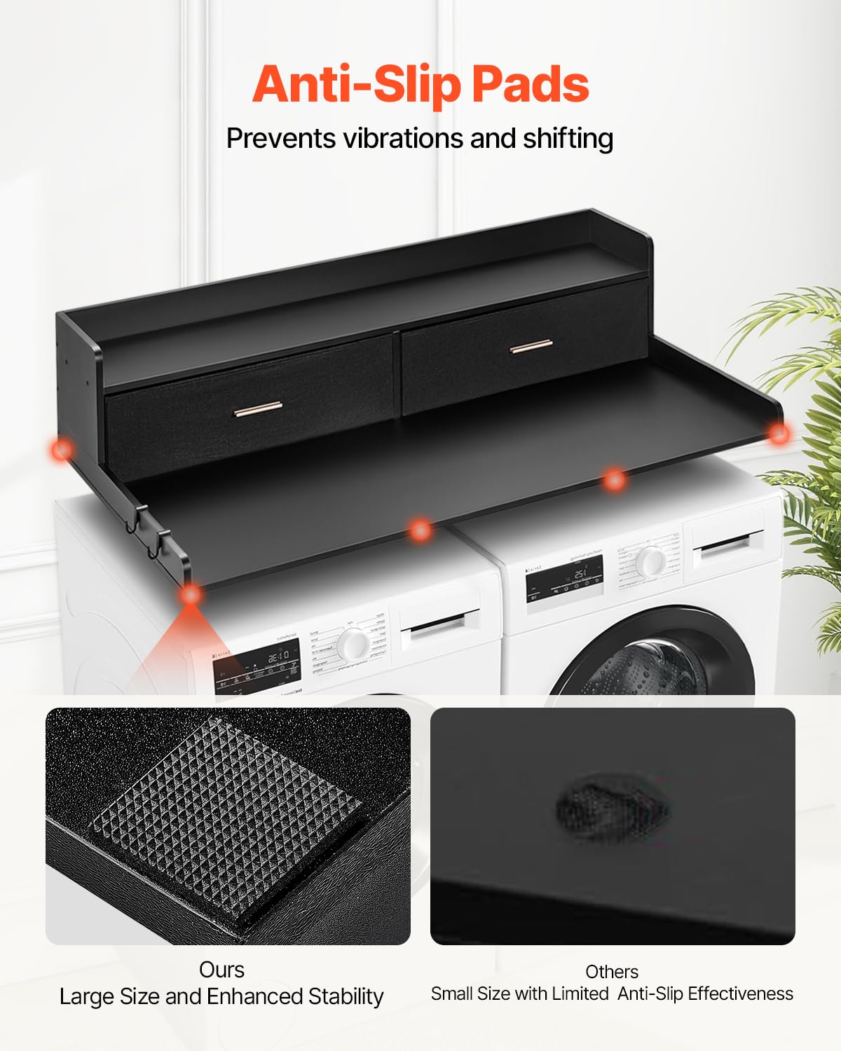 Vevor 2 Drawers Washer Dryer Countertop With Shelf, 54 X 27 Wooden Laundry Countertop With 2 Hooks & Non-Slip Pads, Washer A