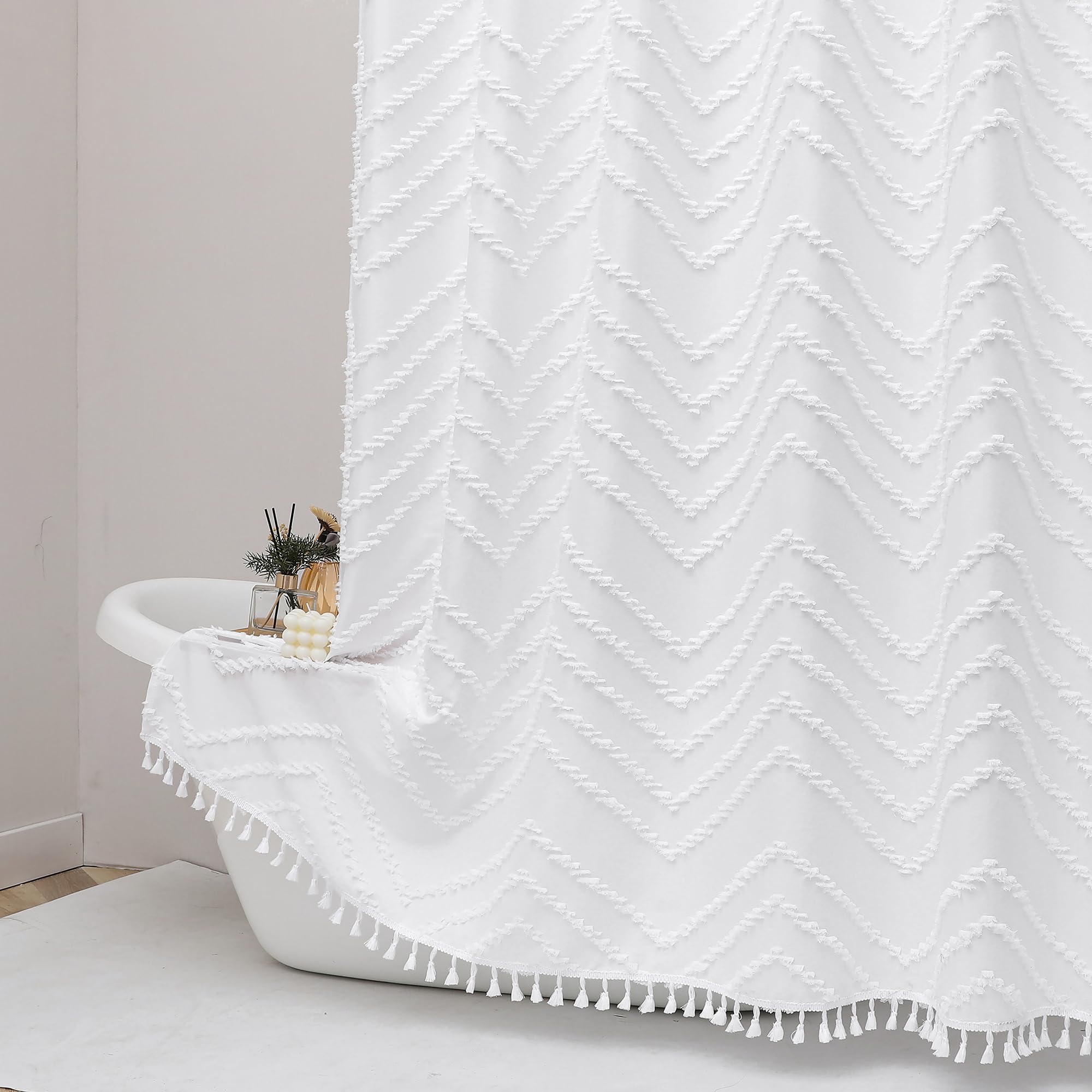 Owenie White Fabric Shower Curtain, Boho Shower Curtains For Bathroom Chic Tufted Chevron Striped Textured With Tassel, Soft Hot