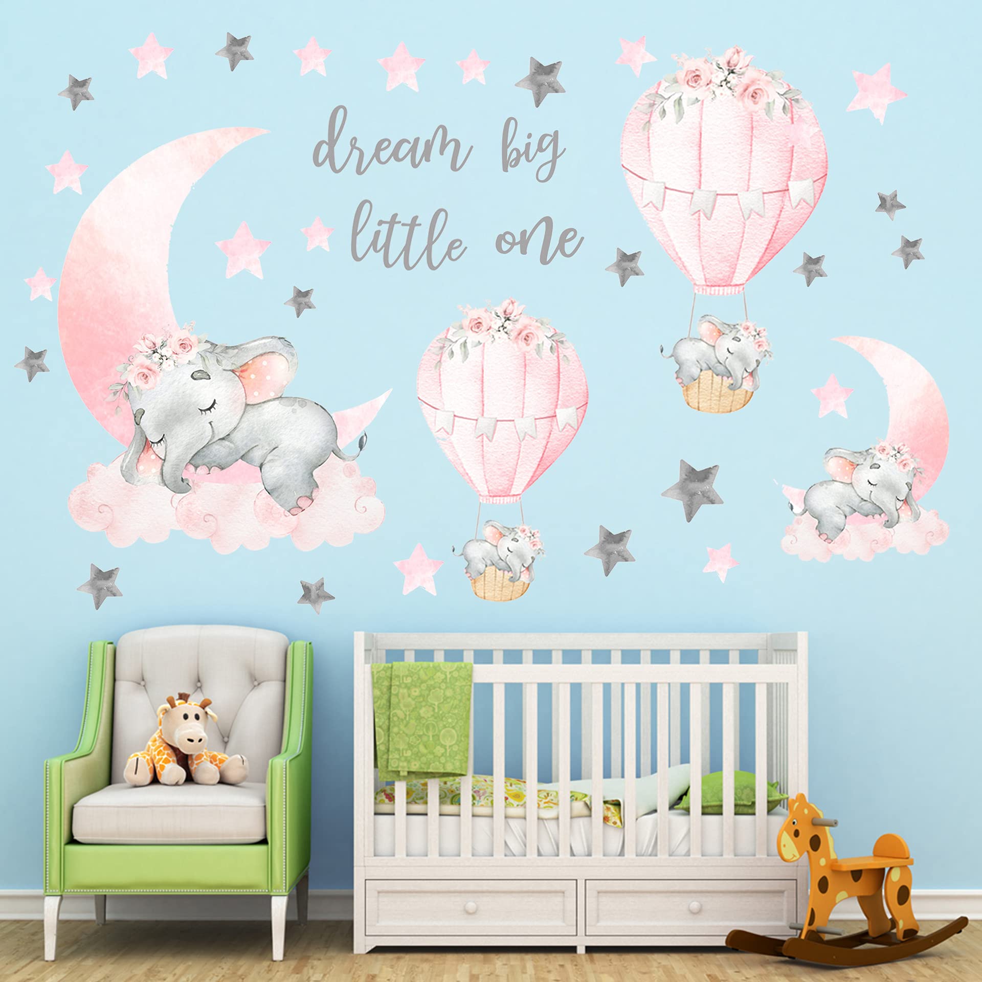 Dream Big Little One Elephant Wall Stickers  Pink Moon Hot Air Balloon Grey Stars Wall Decals for Nursery Kids Room Living Room Bedroom Decorations Home Decor
