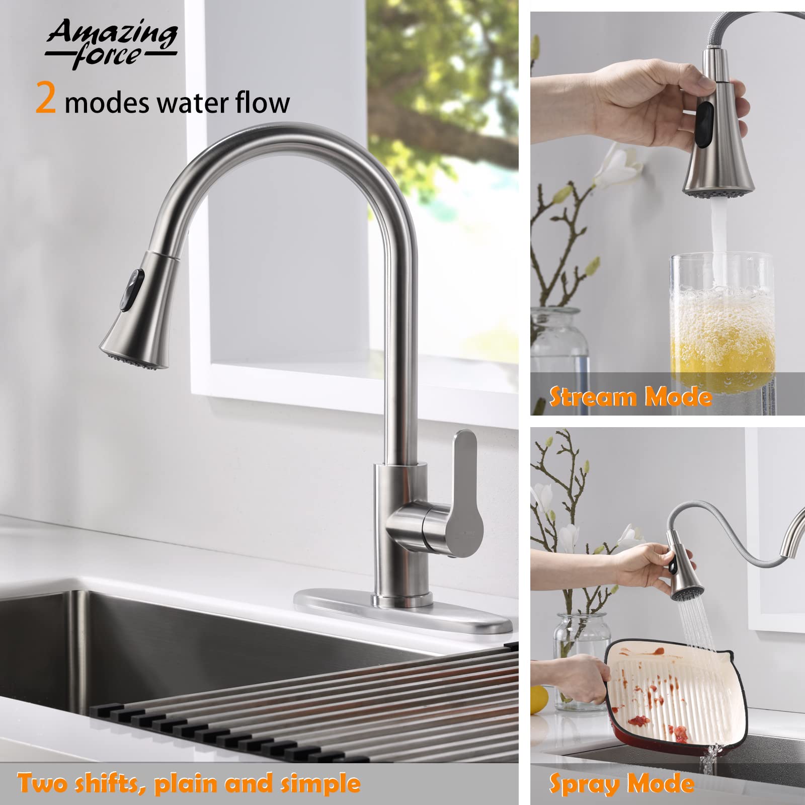 AMAZING FORCE Kitchen Faucet with Pull Down Sprayer 2 Modes Stainless Steel Kitchen Sink Faucet Single Handle Faucet for Kitchen Sink RV Kitchen Faucet Laundry Sink Faucet with 1.8GPM  Brushed Nickel