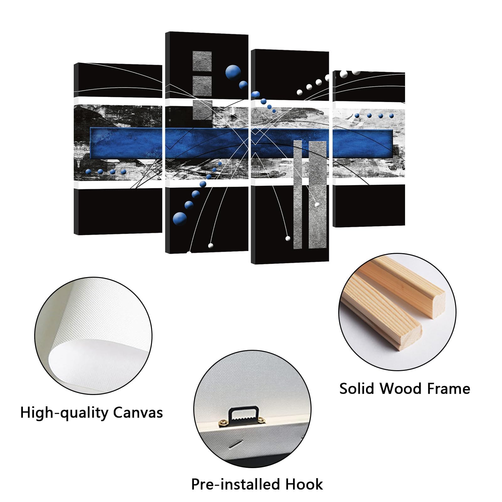 Ypy Black Blue Canvas Wall Art - 4 Panels Modern Abstract Picture Set For Home Decoration - Extra Large Contemporary Painting Ar