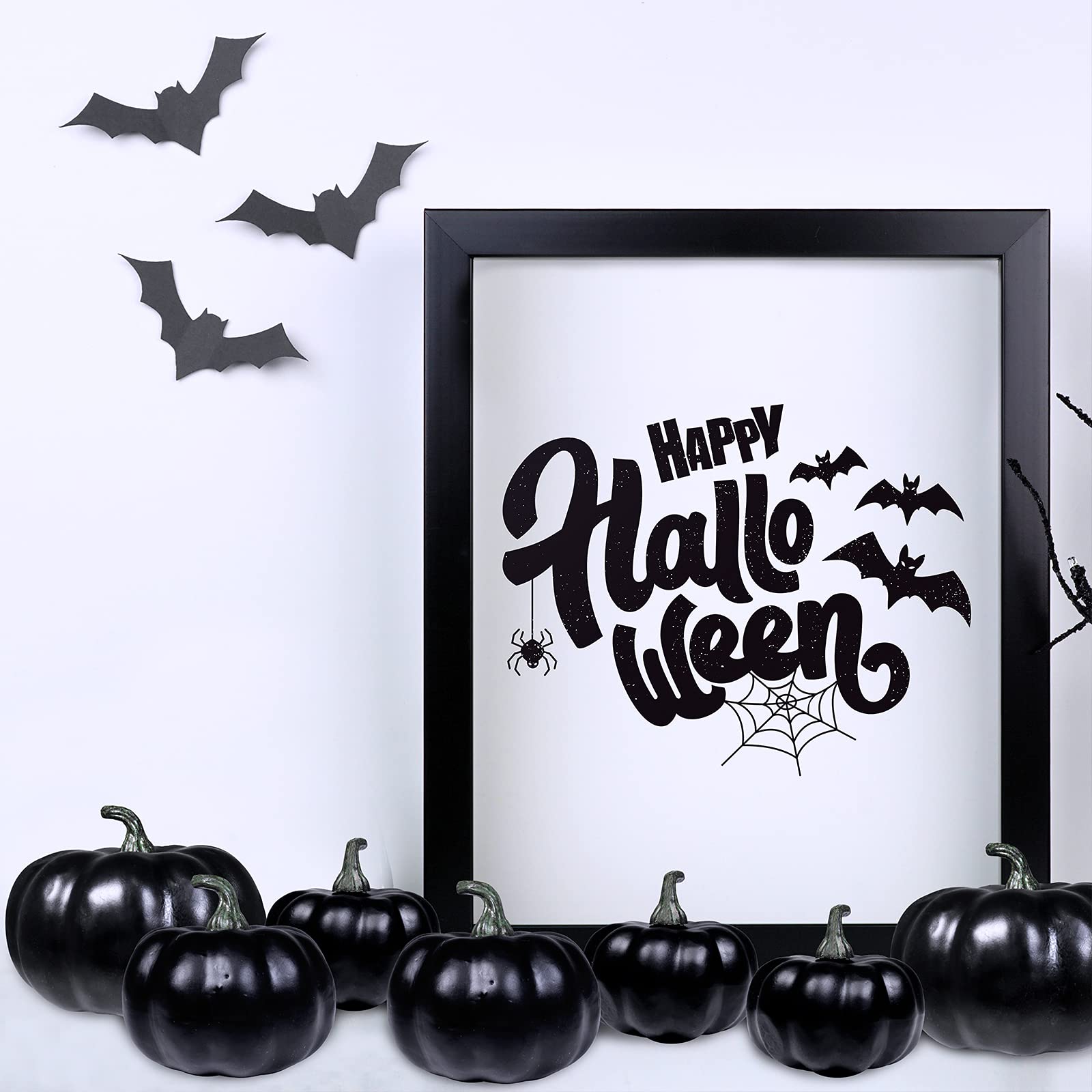 BESTTOYHOME 12 Pcs Assorted Small Artificial Black Pumpkins Halloween Foam Pumpkins Decorative Pumpkins for Rustic Farmhouse Fal