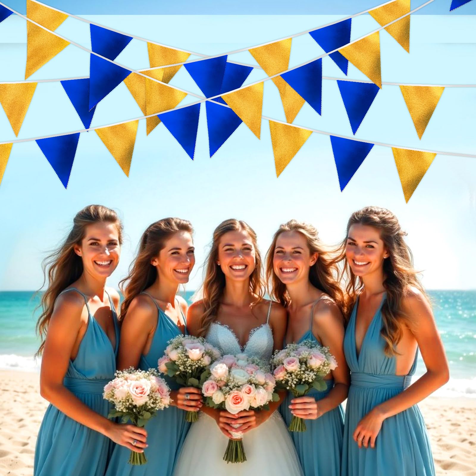 MARFOREVER Navy Blue Gold Pennant Banner, 30Pcs Metallic Fabric Triangle Flag Bunting Royal Blue Gold Party Hanging Decorations