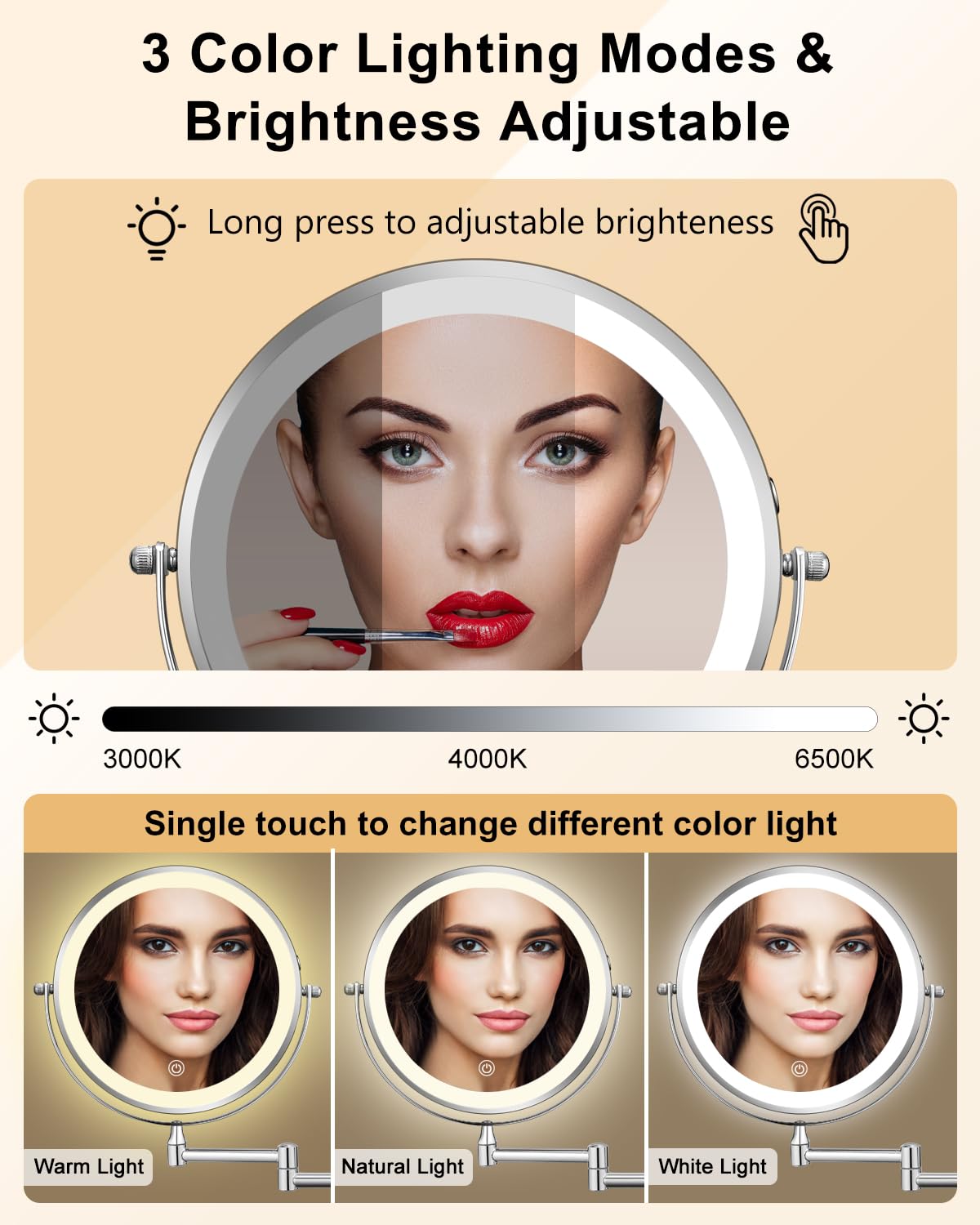 DECLUTTR 8" Rechargeable Wall Mounted Makeup Mirror, 1X/10X Magnifying, Dimmable LED, Chrome-led, Model J851E