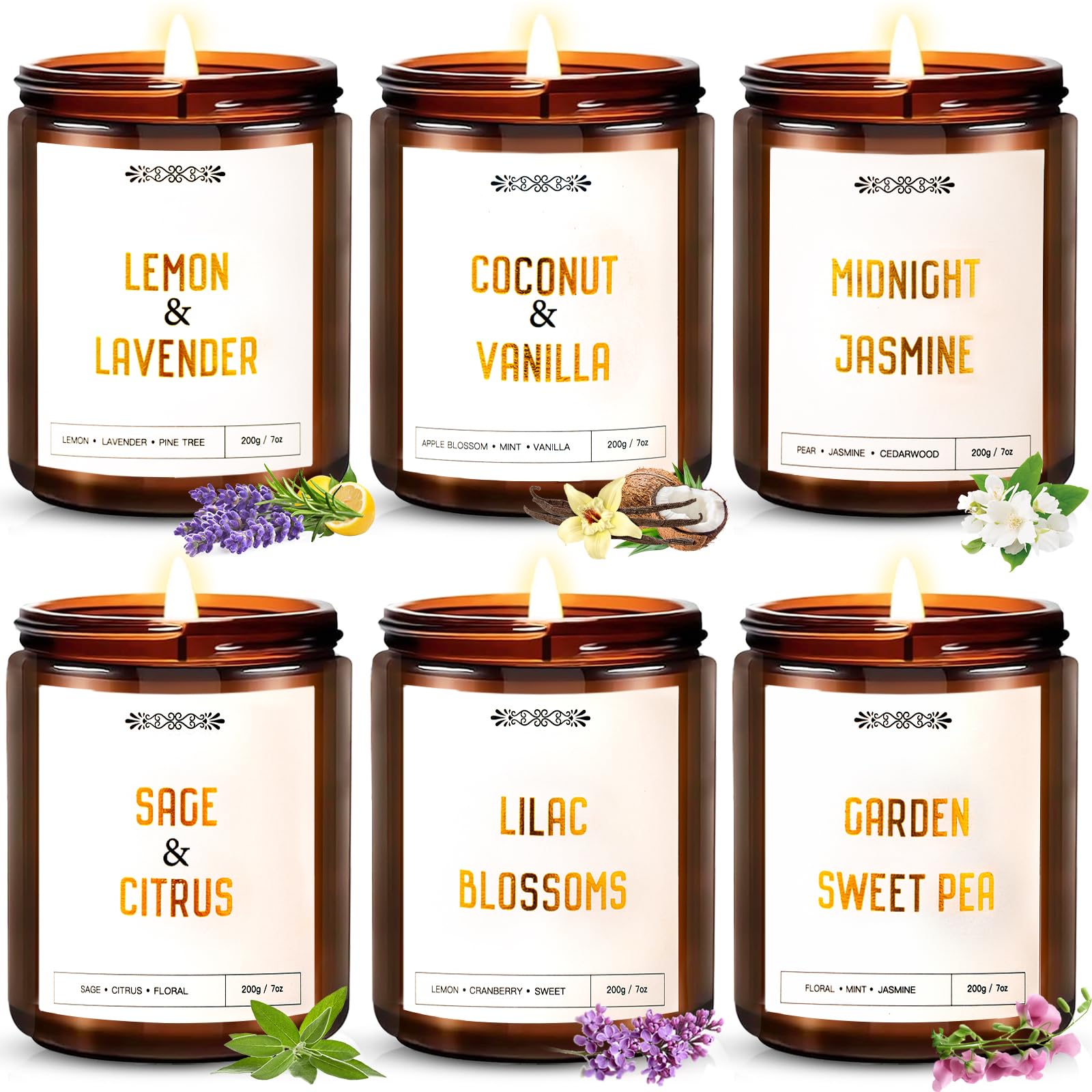 6 Pack Candles for Home Scented, Aromatherapy Candle Gift Set for Women, 42oz 330 Hour Burn Times, Natural Soy Wax Amber Jar Can