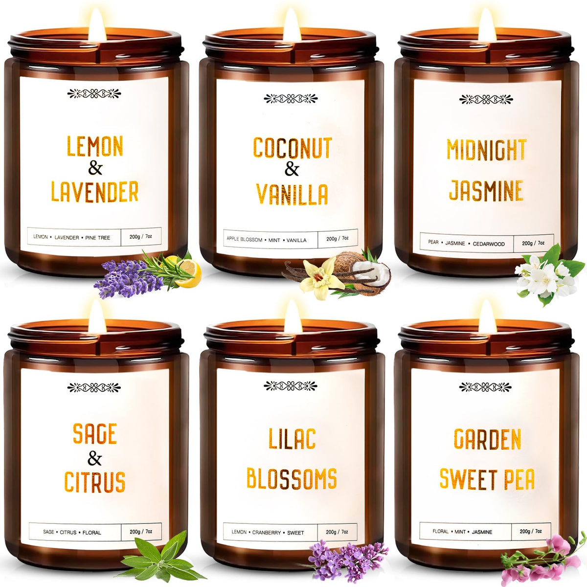 6 Pack Candles for Home Scented, Aromatherapy Candle Gift Set for Women, 42oz 330 Hour Burn Times, Natural Soy Wax Amber Jar Can