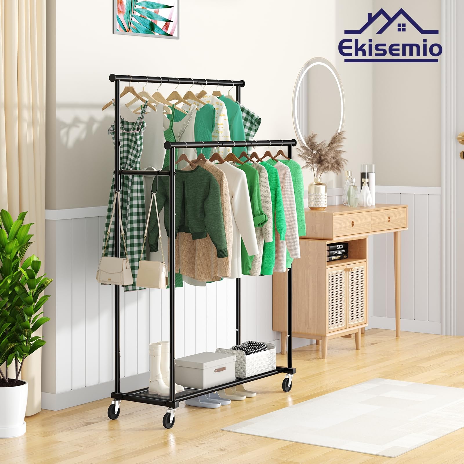 Ekisemio Double Rod Clothing Garment Rack On Wheels, 45 Inches Clothes Rack With Mesh Bottom Shelf For Hanging Clothes, Heavy Du