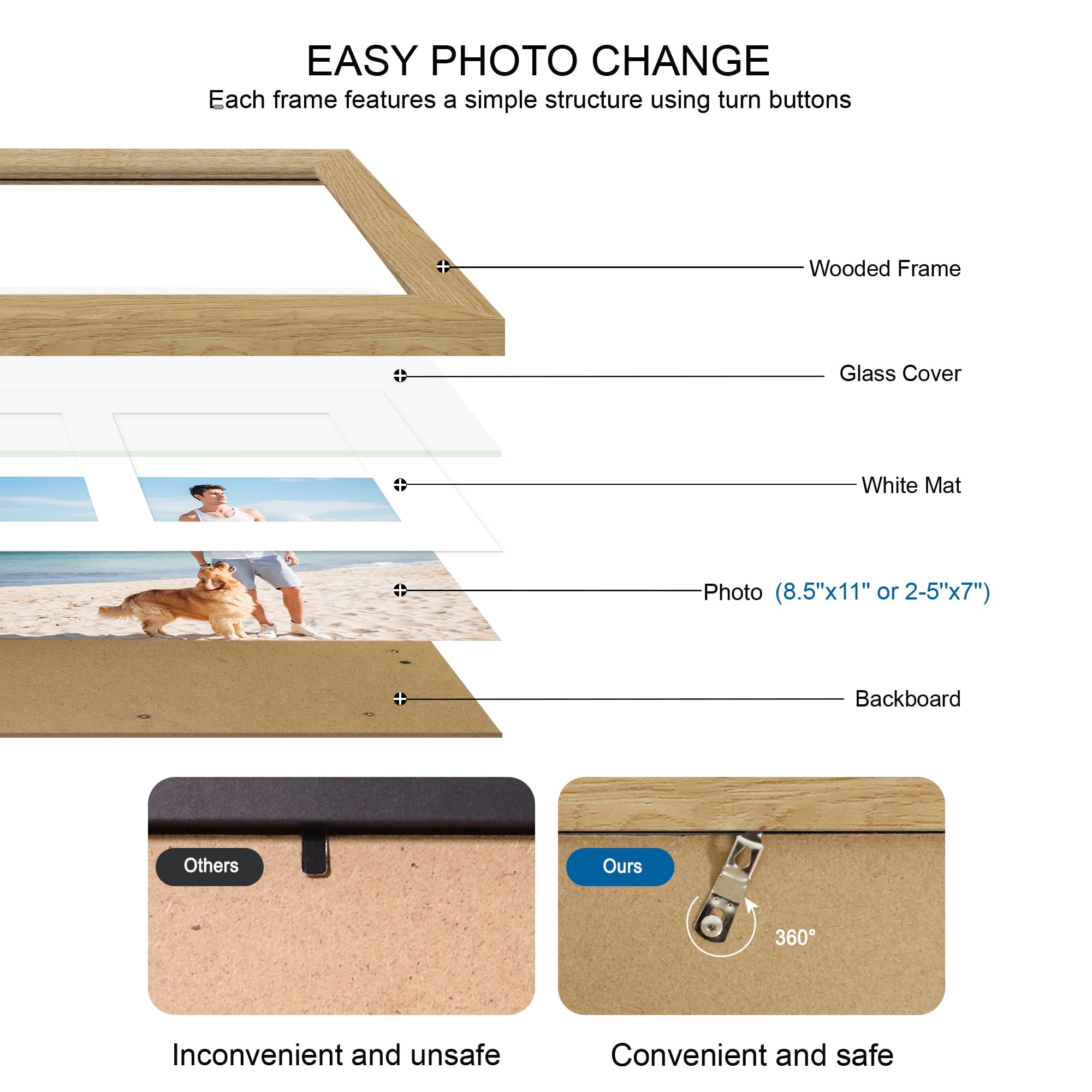 Hongkee 8.5x11 Picture Frame Set of 2, Natural Oak Certificate Document Frames with Glass Collage Frame, Display Pictures Two 5x