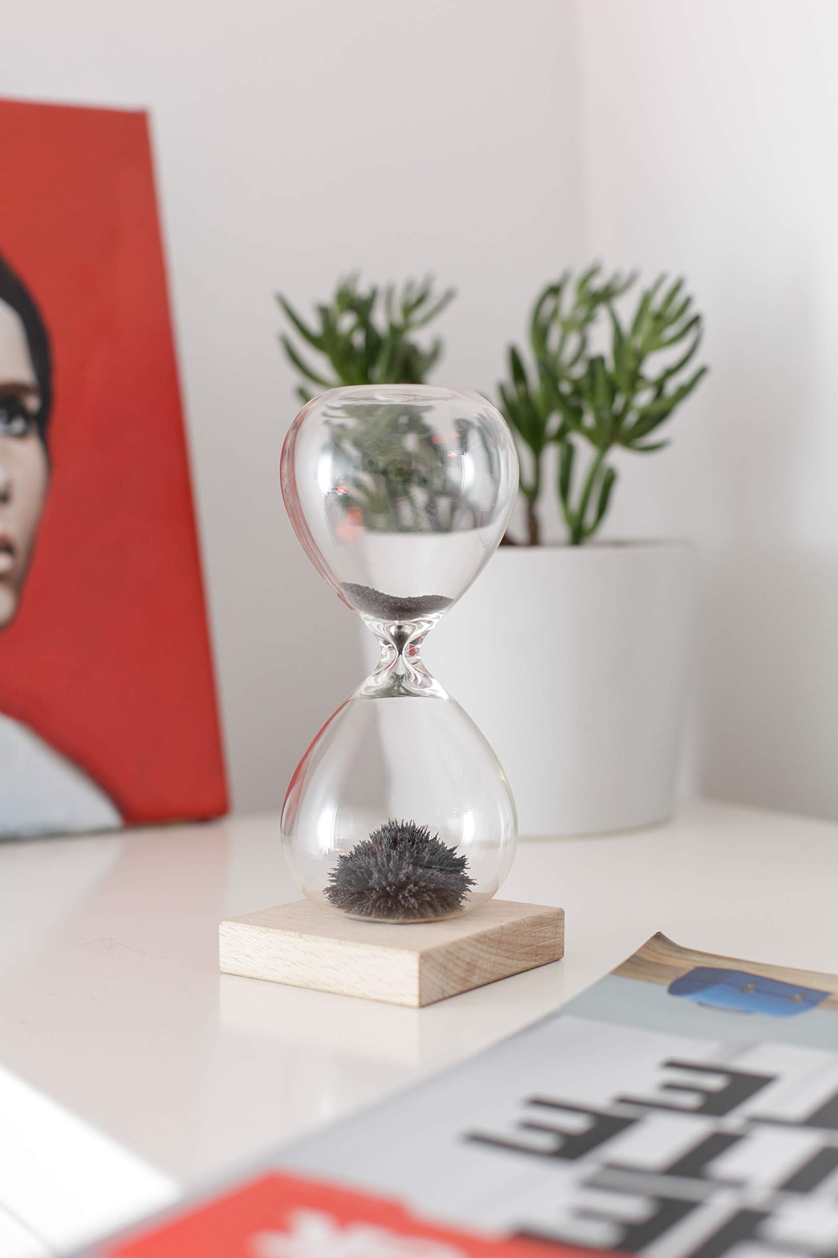 Kikkerland One Minute Timer Countdown Black Magnetic Sand Hourglass, Wood Base, Stalagmite