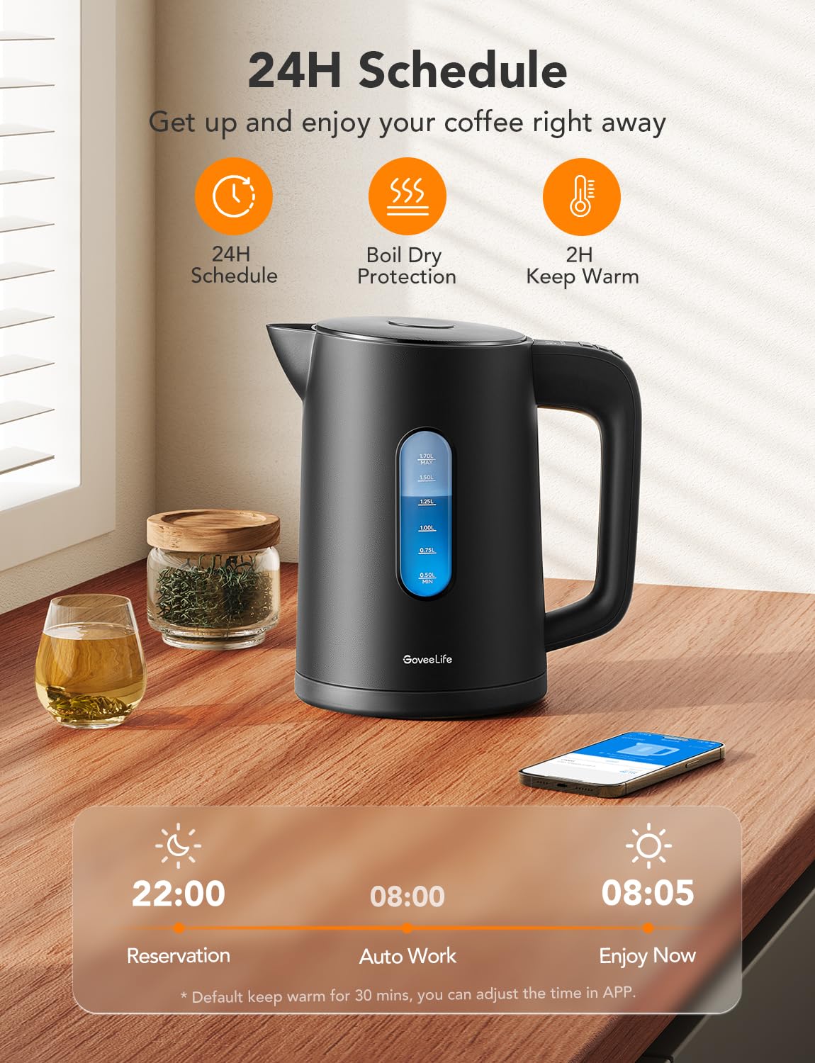 Goveelife Smart Electric Kettle Temperature Control 1.7L, Wifi Electric Tea Kettle With Led Indicator Lights, 1500W Rapid Boil,