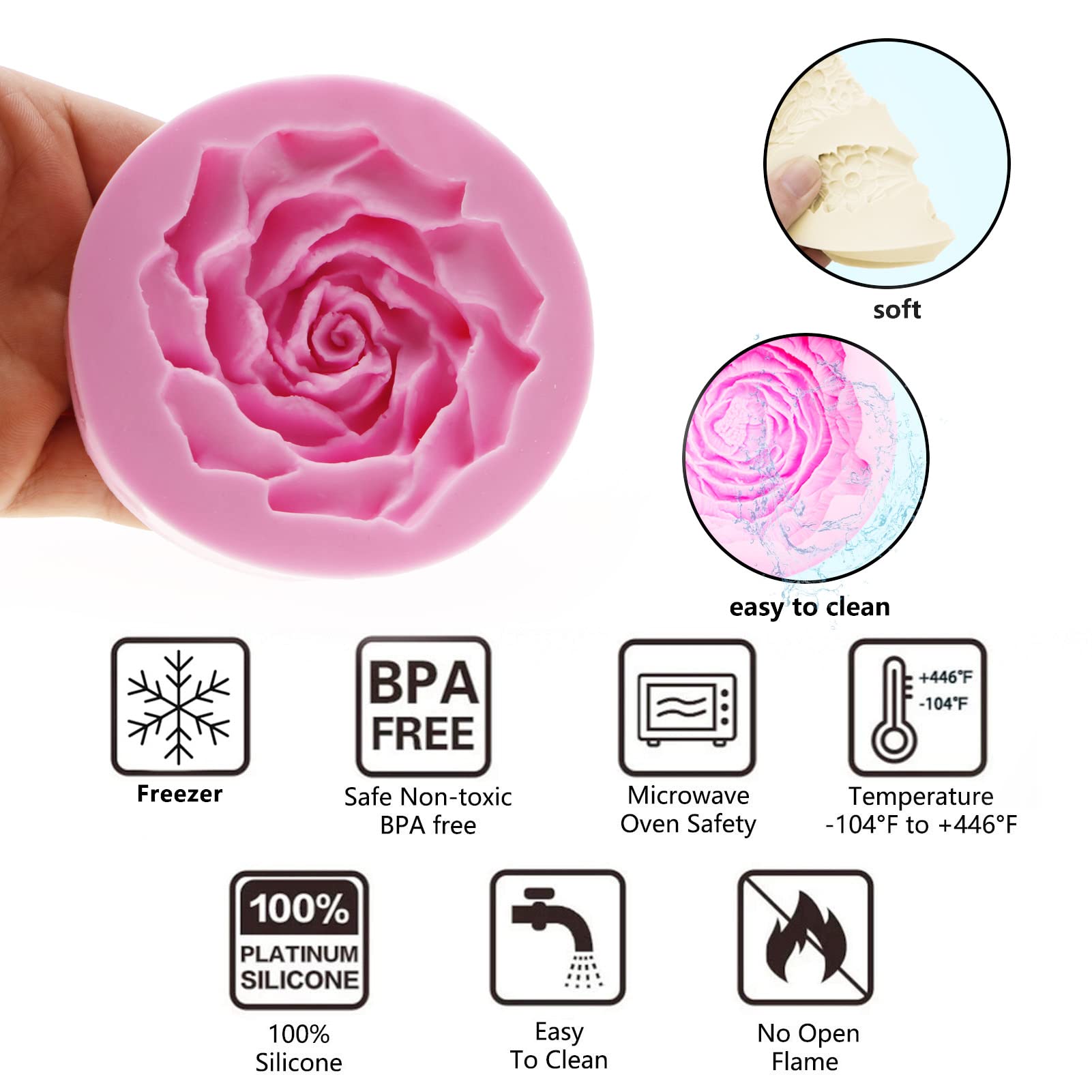 Large Rose Flower Silicone Molds Chocolate, 3 Packs Peony Carnation 3D Fondant Molds For Wedding Cake Decoration, Birthday Cupca