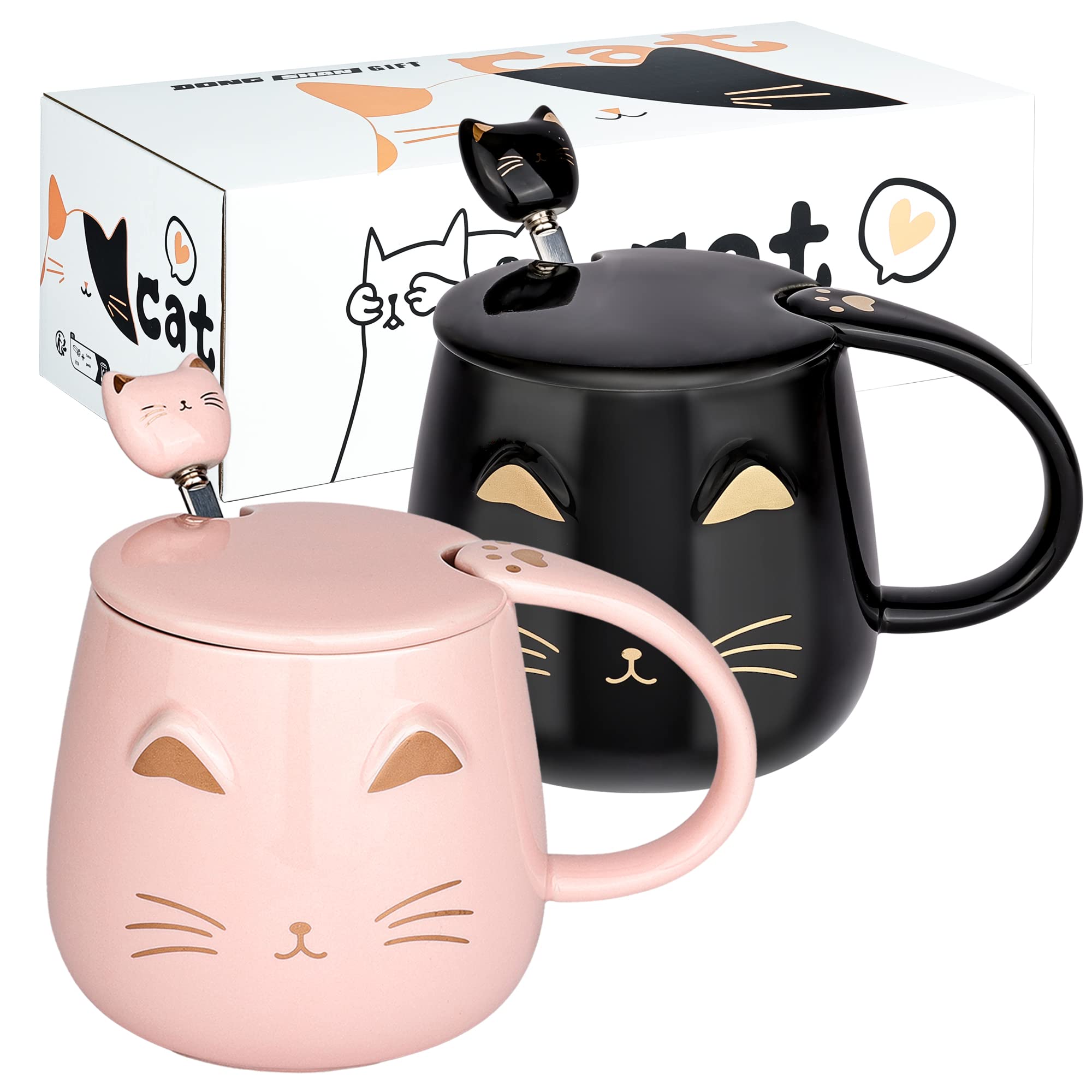 Dongshangift Cat Mugs Set Of 2 Cute Cat Tea Cup Set Ceramic Coffee Mug With Lid And Spoon Cute Mugs For Women Girls Cat Lovers 1