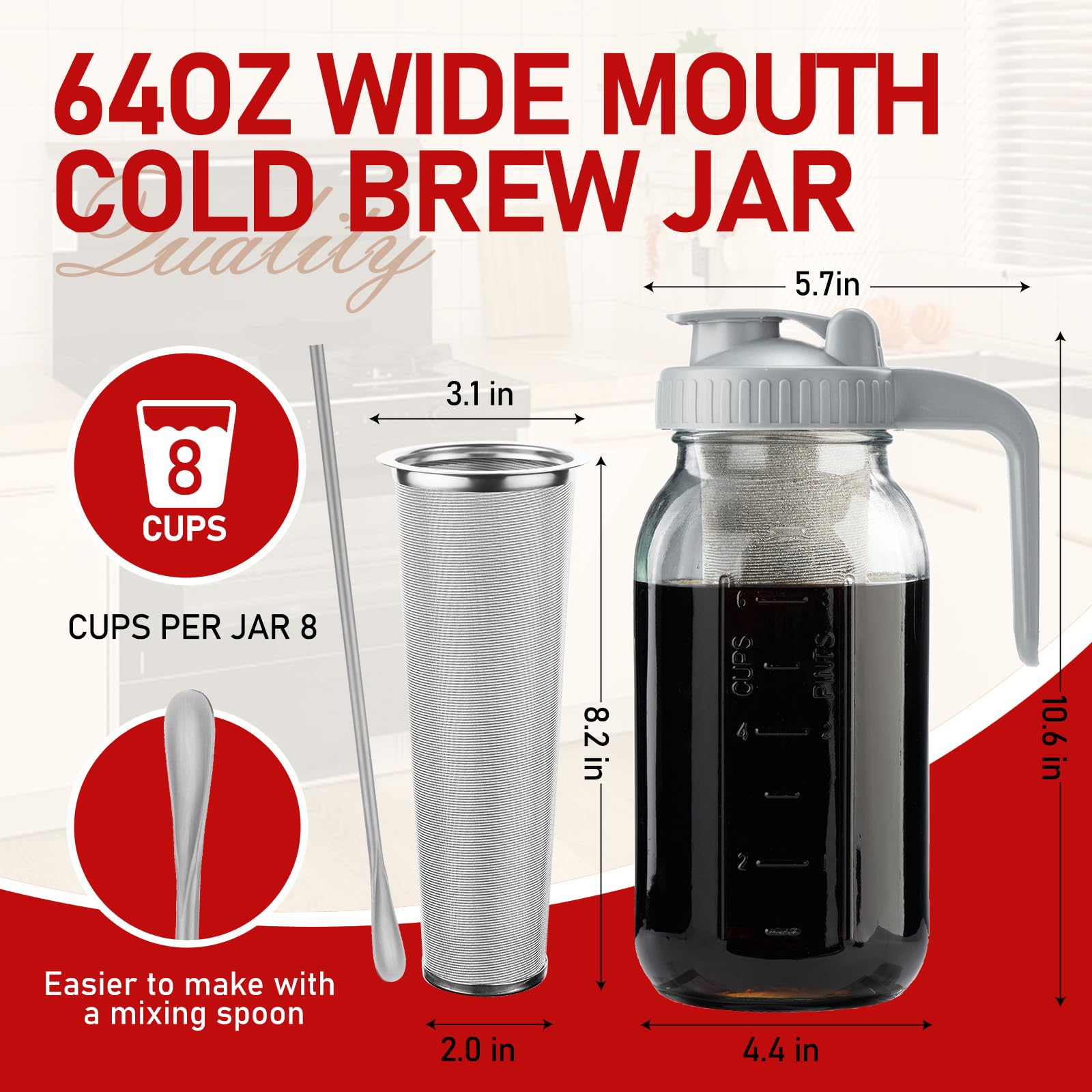 Miradexic Cold Brew Coffee Maker With V-Shaped Lid, 64Oz Iced Coffee Maker With Stainless Steel Filter, Bpa Free Sturdy Cold Bre