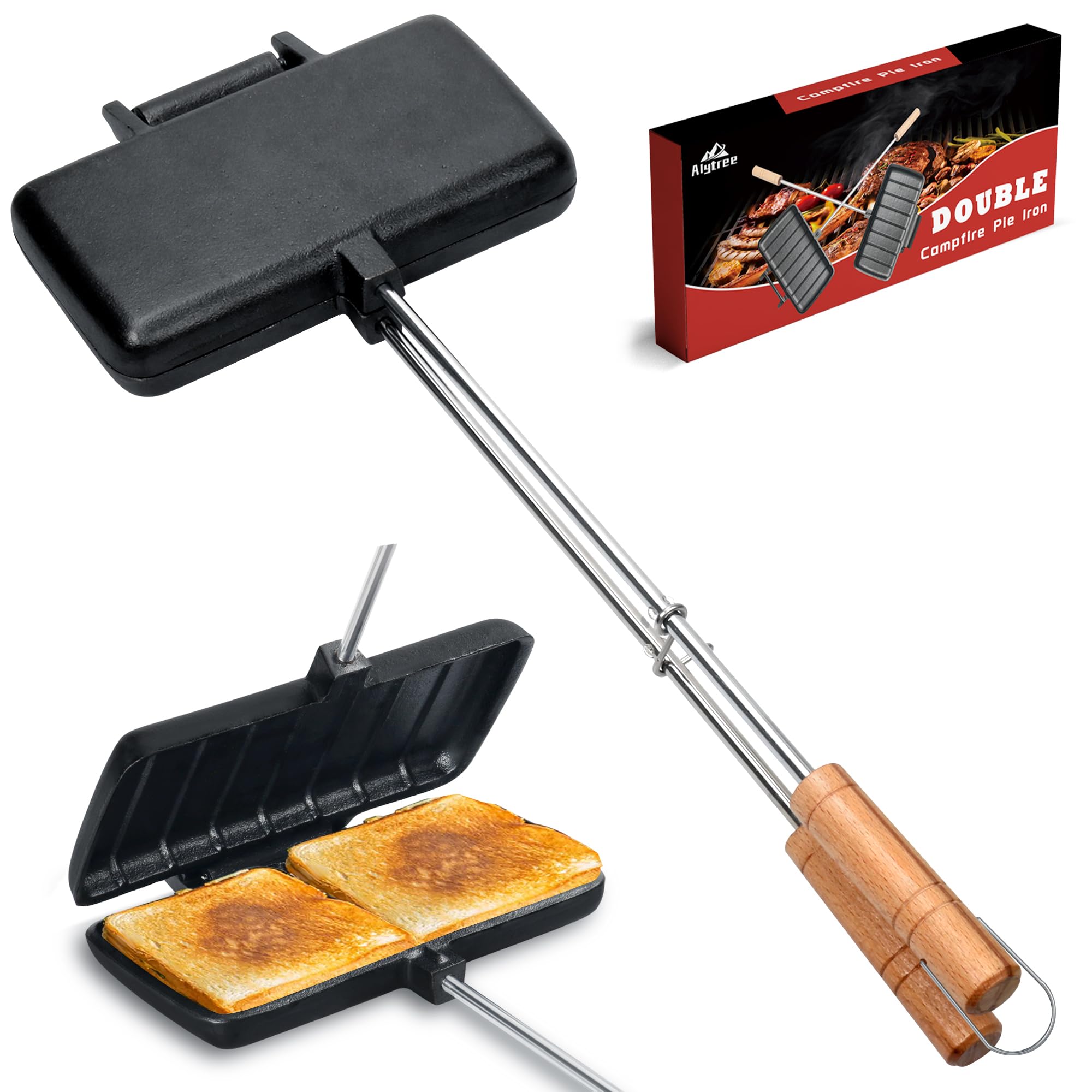 Alytree Double Pie Iron for Camping Cast Iron, Pre-seasoned Cast Iron Campfire Sandwich Maker, Mountain Pie Maker, Portable Camp