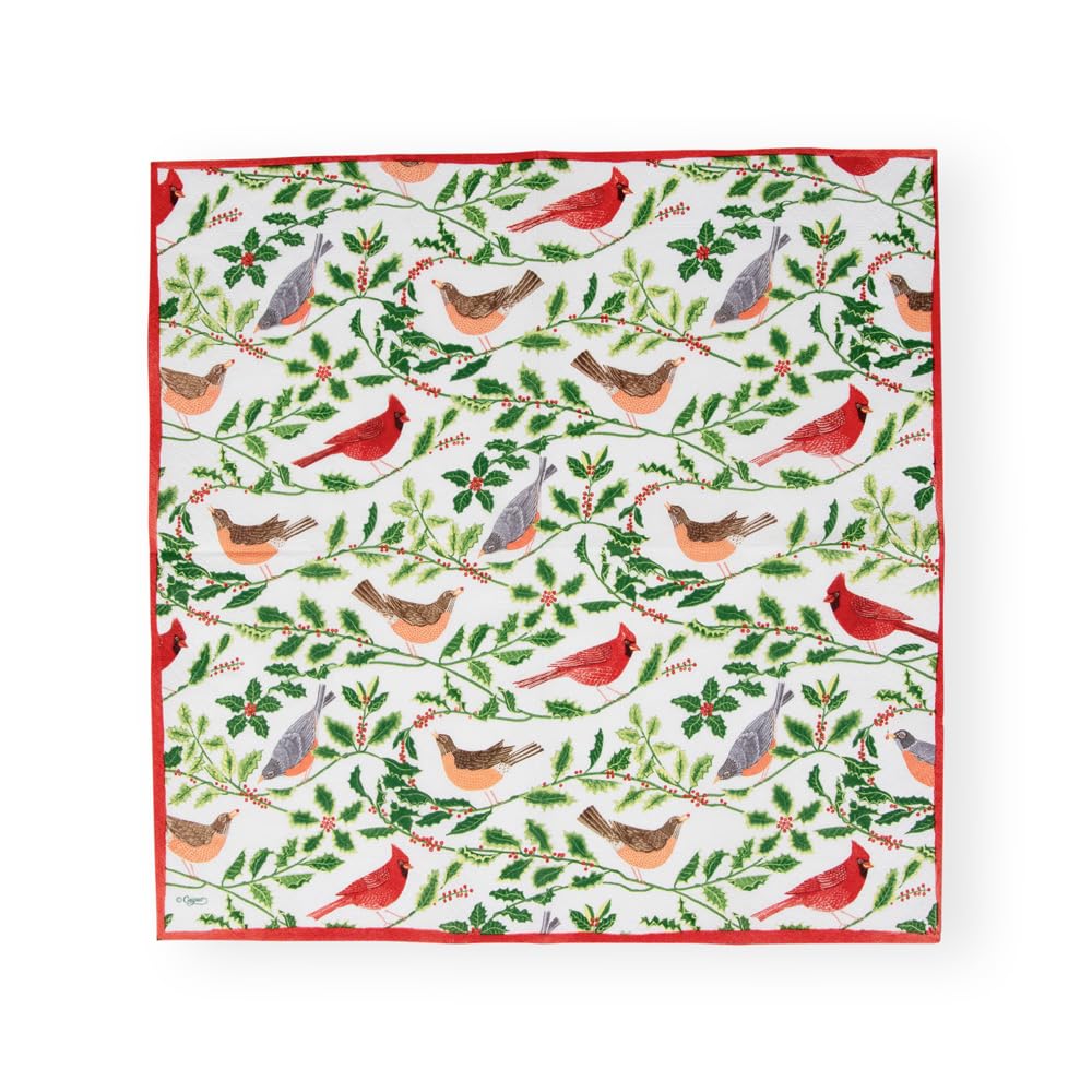 Songbirds And Holly Paper Luncheon Napkins In White - 20 Per Package