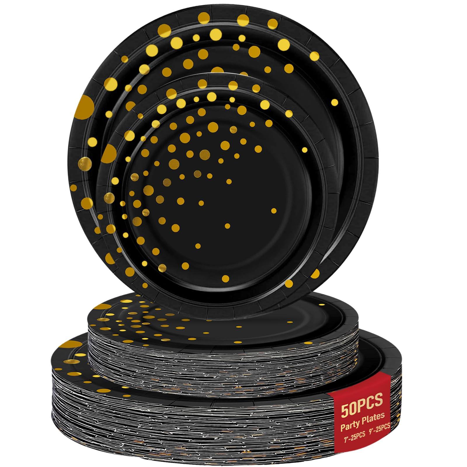50 Black Gold Paper Plates for Party Set Includes 25-9 & 25-7 Thickened Gold Dot Disposable Plates, Birthday Cake Dessert Plates