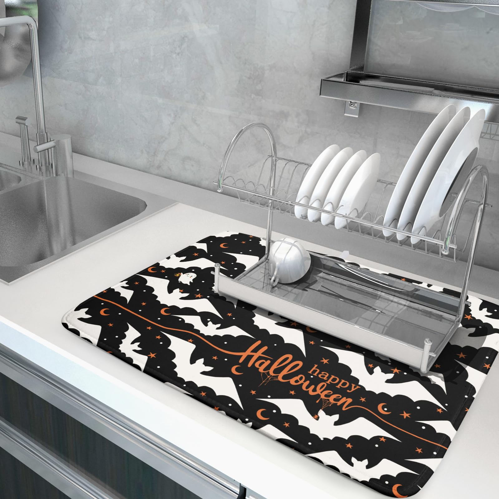 Halloween Drying Mats For Kitchen Counter 18   X24    Happy Halloween Spooky Bat Dishes Pad Microfiber Absorbent Fast Dry Dish D