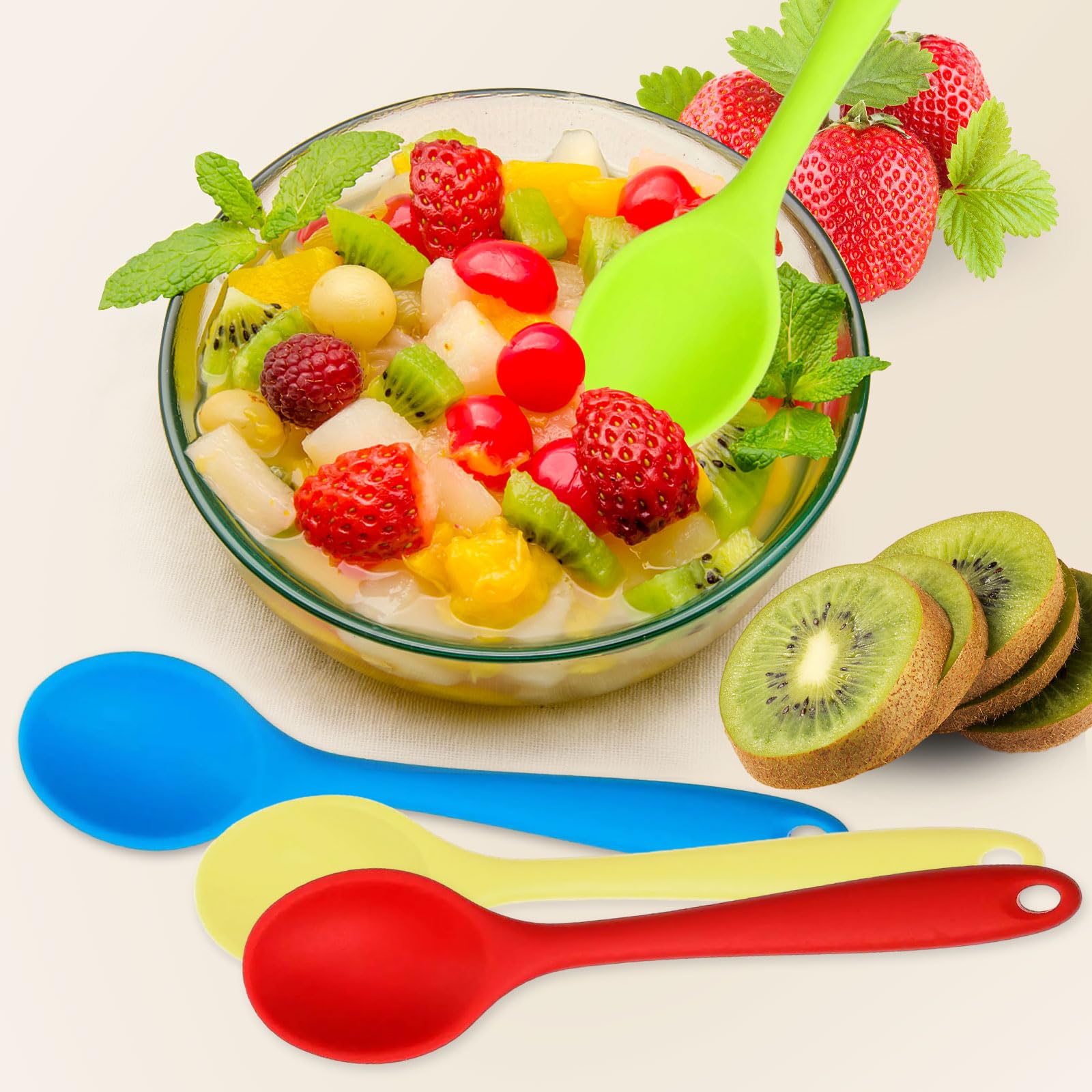 Tuojecuk 4 Pcs Mixing Spoons Set, 8" Silicone Nonstick Kitchen Utensils, Multicolor, Heat Resistant for Cooking and Baking