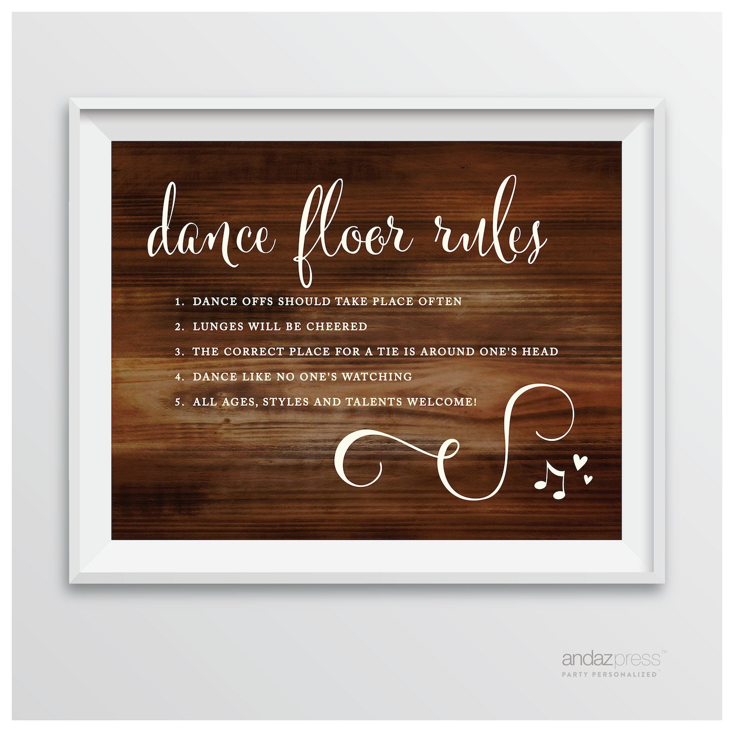 Andaz Press Wedding Party Signs, Rustic Wood Print, 8.5-Inch X 11-Inch, Dance Floor Rules, 1-Pack, Unframed