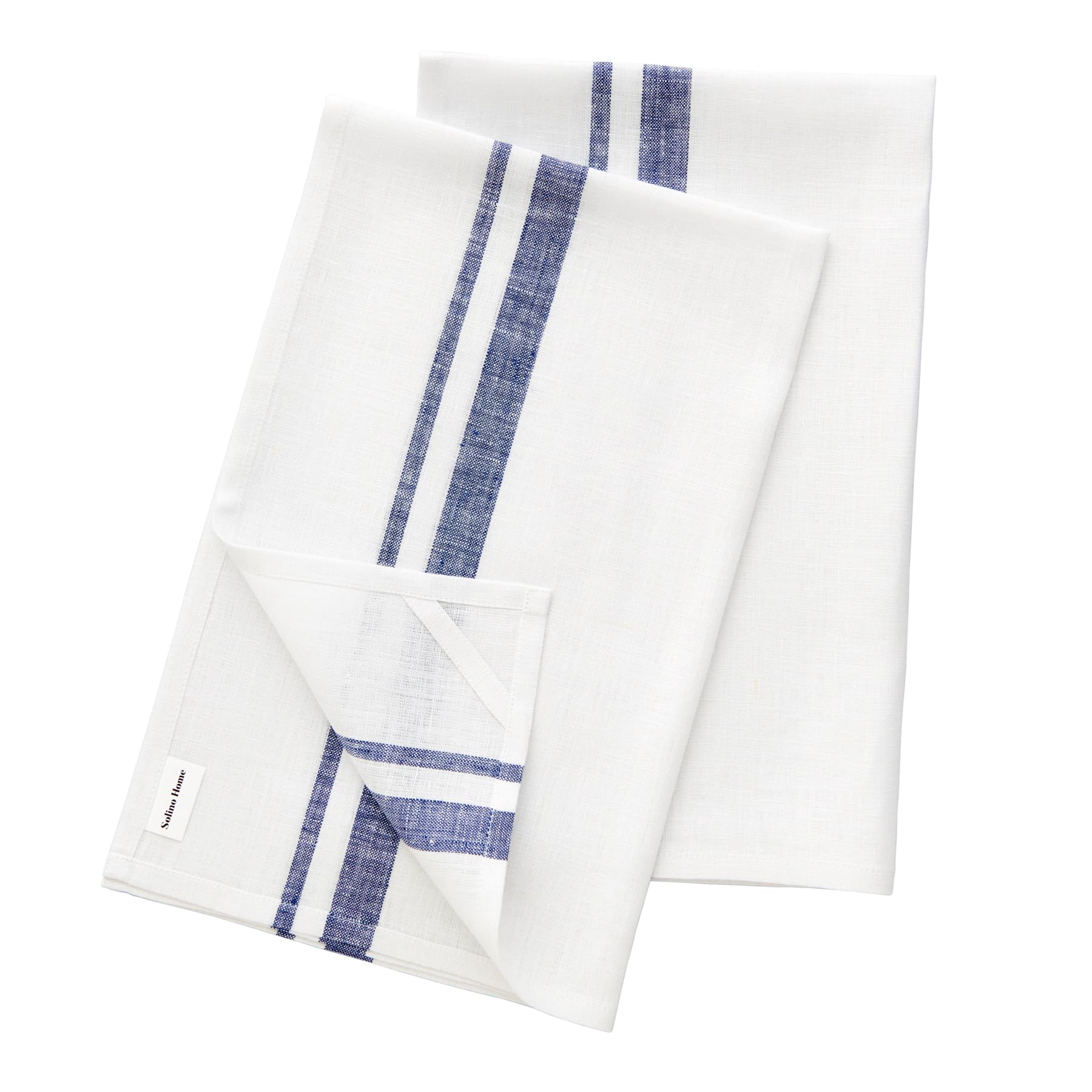 Solino Home Linen Kitchen Towels Set Of 2 - Navy And White 17 X 26 Inch - 100% Pure Linen French Stripe Kitchen/Tea Towels - Mac