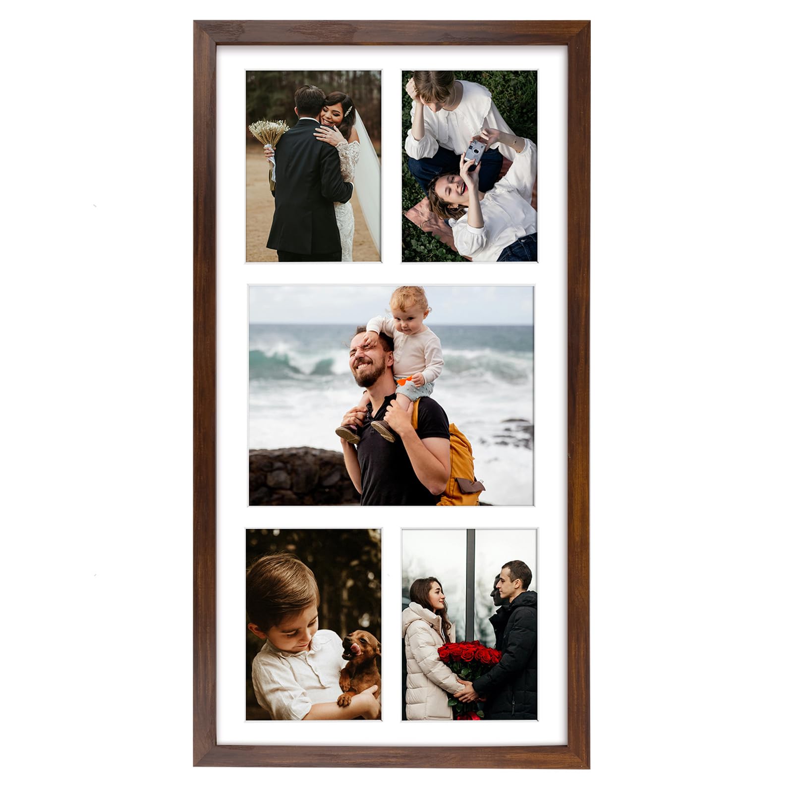 Golden State Art 12x24 Brown Wood Picture Frame - White Mat for 8x10 and 5x7 Photos - Real Glass, Sawtooth Hanger, Swivel Tabs -