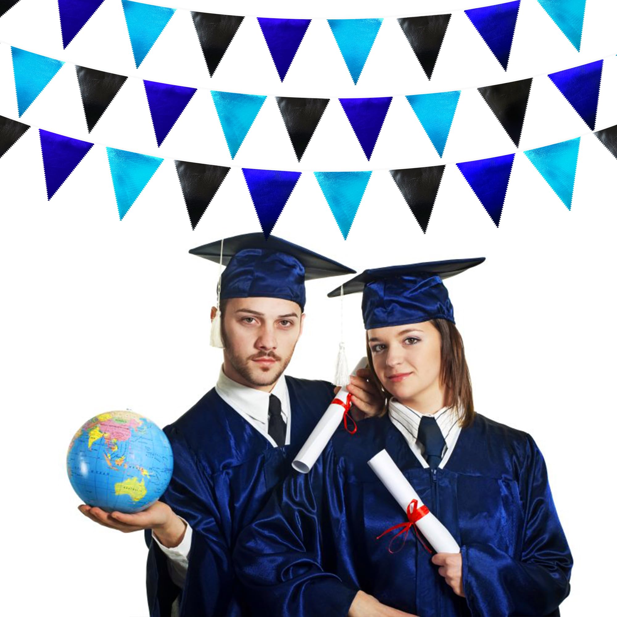 Black Blue Party Decorations Metallic Fabric Triangle Pennant Banner Flag Bunting Garland For Video Game Nautical Birthday Gradu