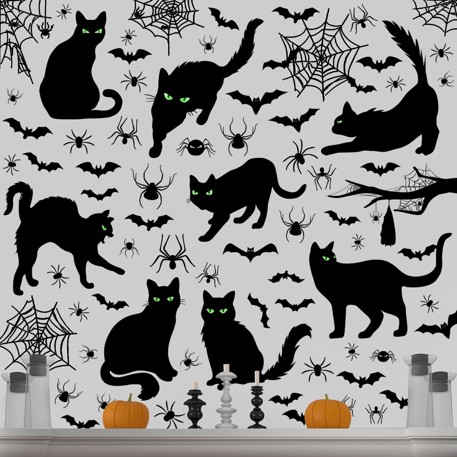 Chivertion 6 Sheets 101 Pcs Halloween Black Cat Wall Sticker Decoration Bats Spiders Web Scary Decals Removable Double Side Wall