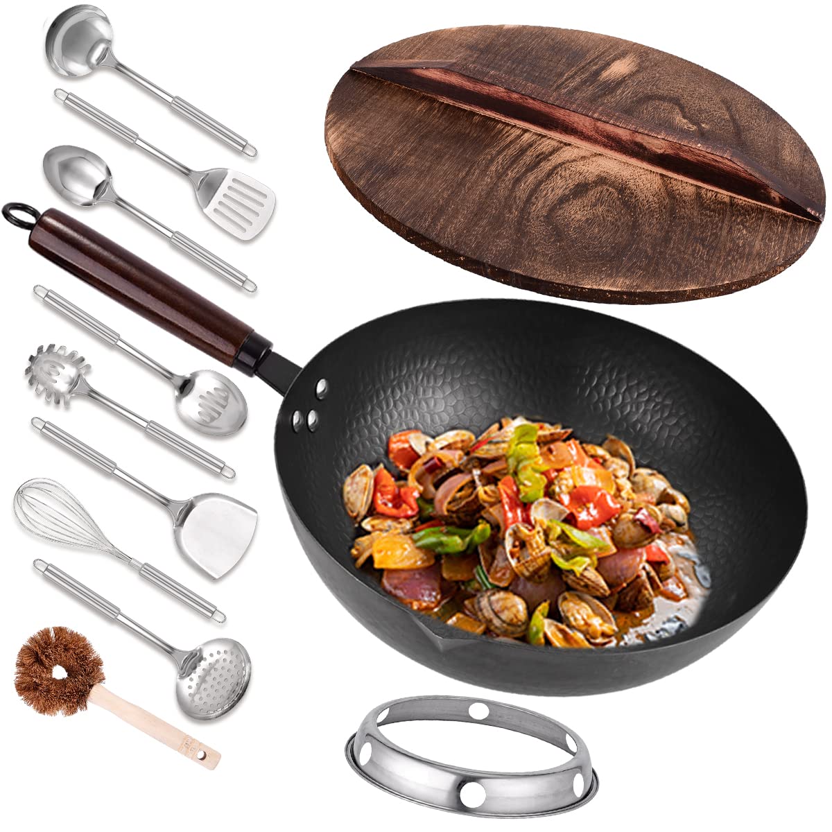 Leidawn 12.8'' Carbon Steel Wok-11Pcs Woks & Stir Fry Pans Wok Pan With Lid, No Chemical Coated Chinese Wok With 10 Cookware Acc