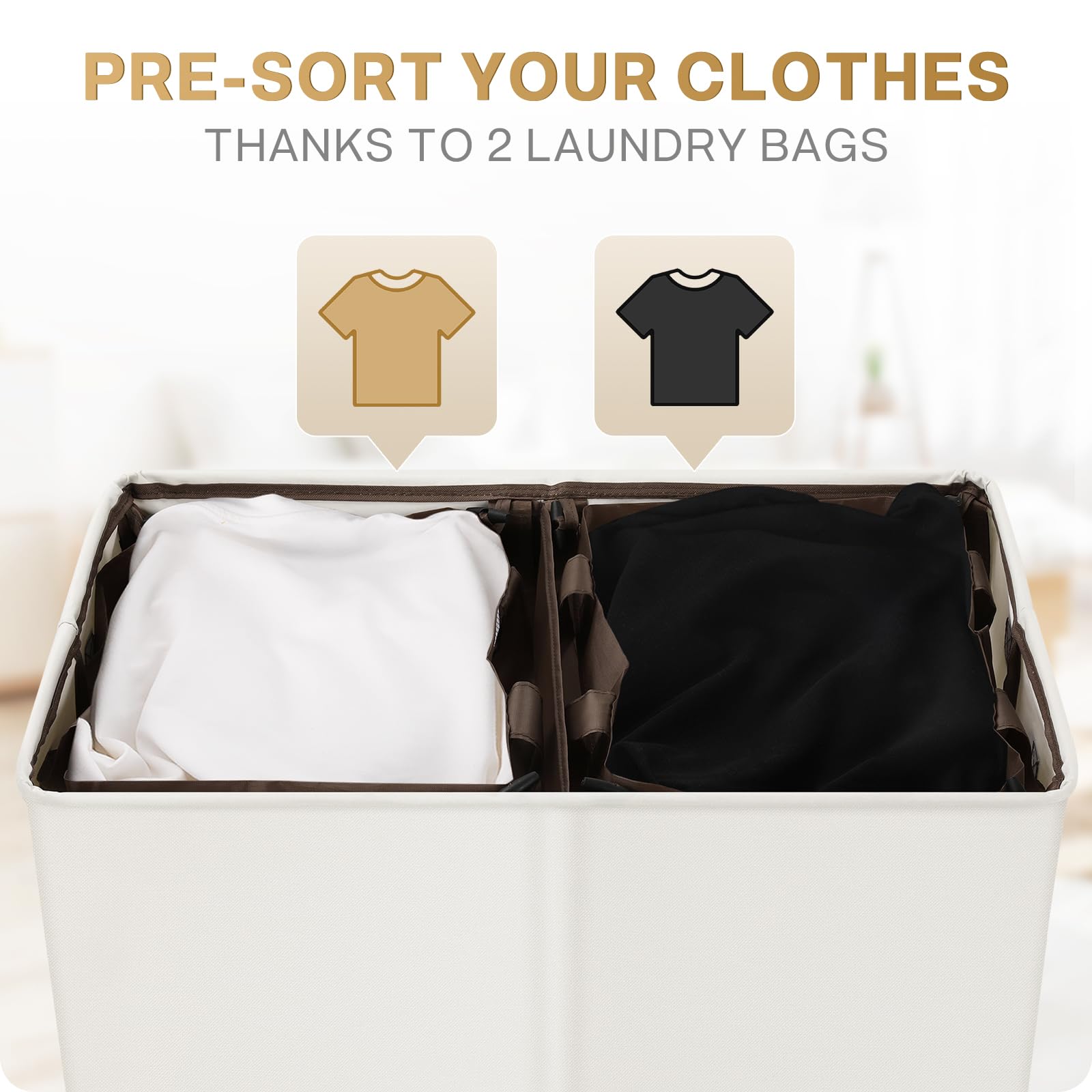 SOLEDI Double Laundry Hamper with Lid and Removable Laundry Bags  Large Hamper for Laundry  Laundry Basket 2 Sections  Collapsible Laundry Baskets for Bedroom  Laundry Room  Bathroom  Off-white