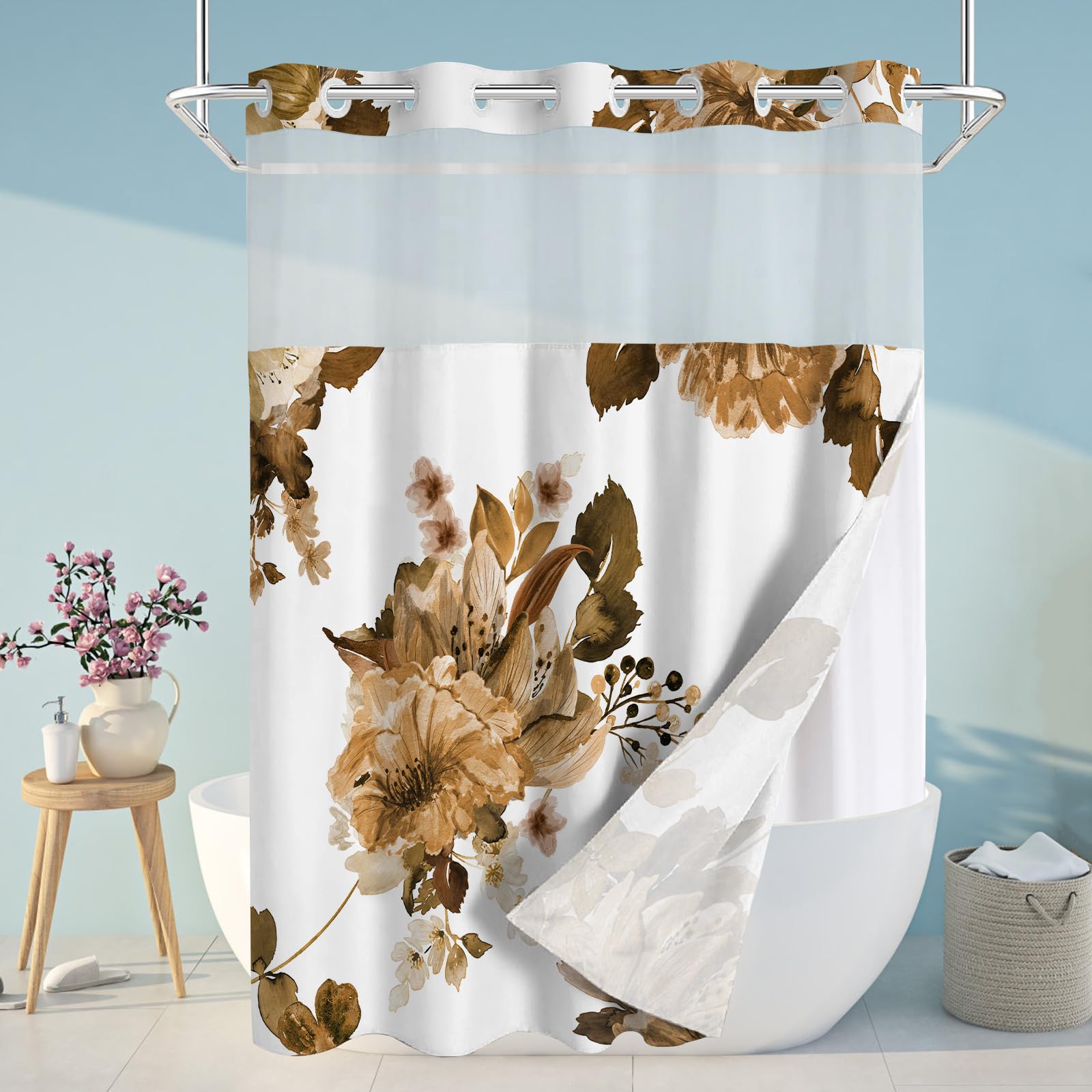 Sscrcusly No Hook Shower Curtain With Snap In Liner Set, Yellow Floral And White Modern Hotel Style For Bathroom, 71X84 Inches