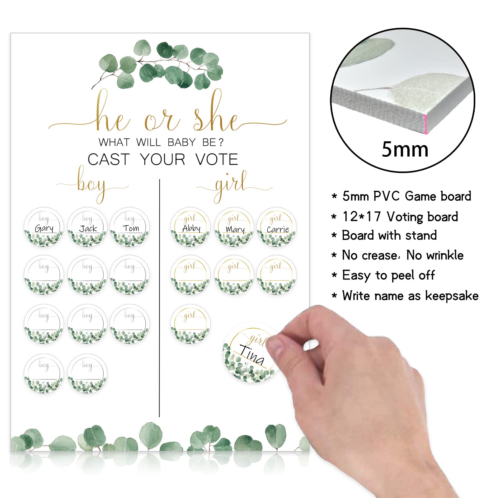 Greenery Baby Gender Reveal Board With Stand(12X17), 60 Eucalyptus Leaf Boy Girl Voting Stickers,He Or She, Cast Your Vote Game,