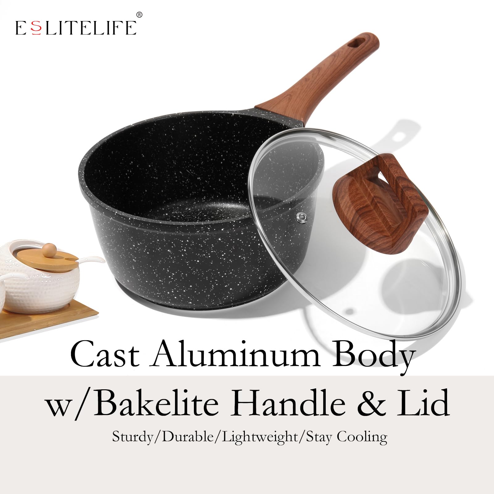 Eslite Life Nonstick Sauce Pan With Lid, 1.5Qt Small Soup Pot Compatible With All Stovetops (Gas, Electric & Induction), Pfoa Fr