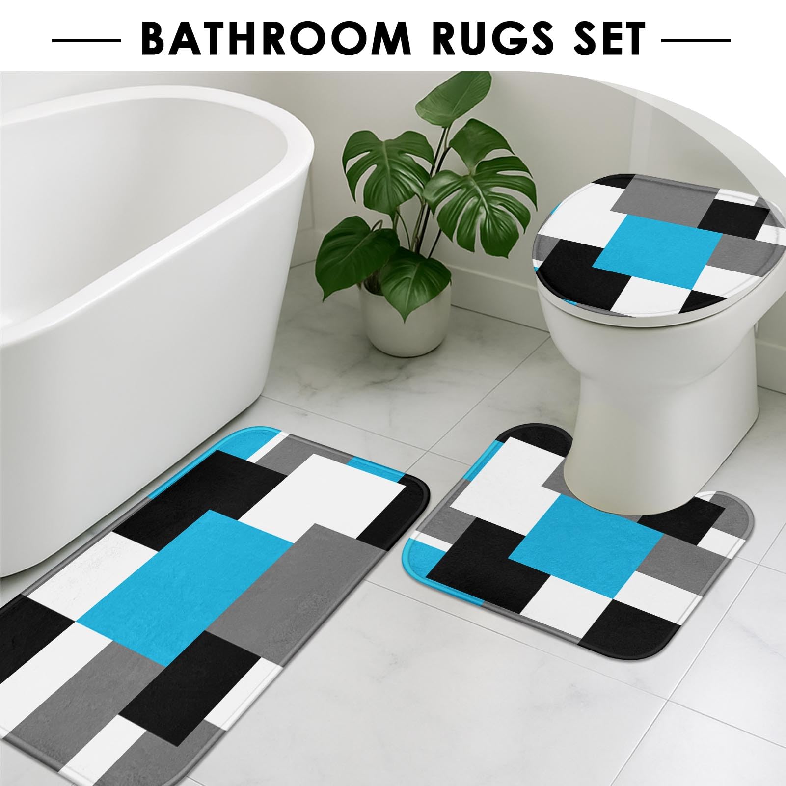 Tayney Blue Geometric Shower Curtain Set with Toilet Lid Cover and Non-Slip Rugs  Black White Grey Checkered 4 Pcs Modern Abstract Shower Curtain for Bathroom Set with 12 Hooks