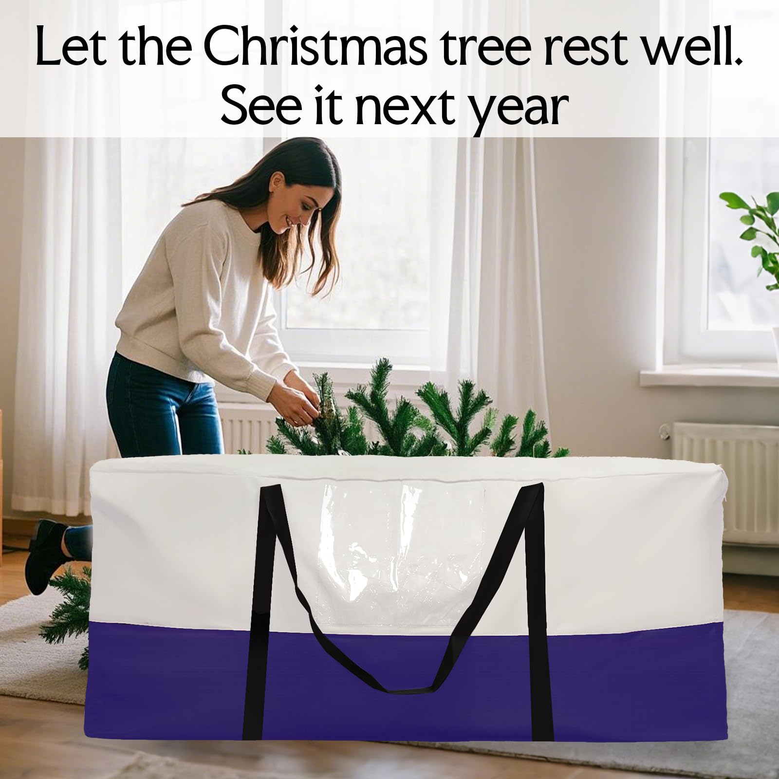 NAVTUE Christmas Tree Bag, Heavy Duty 600D Oxford, Fits Up to 10 FT Trees, Dampproof with Dual Zipper, White & Blue