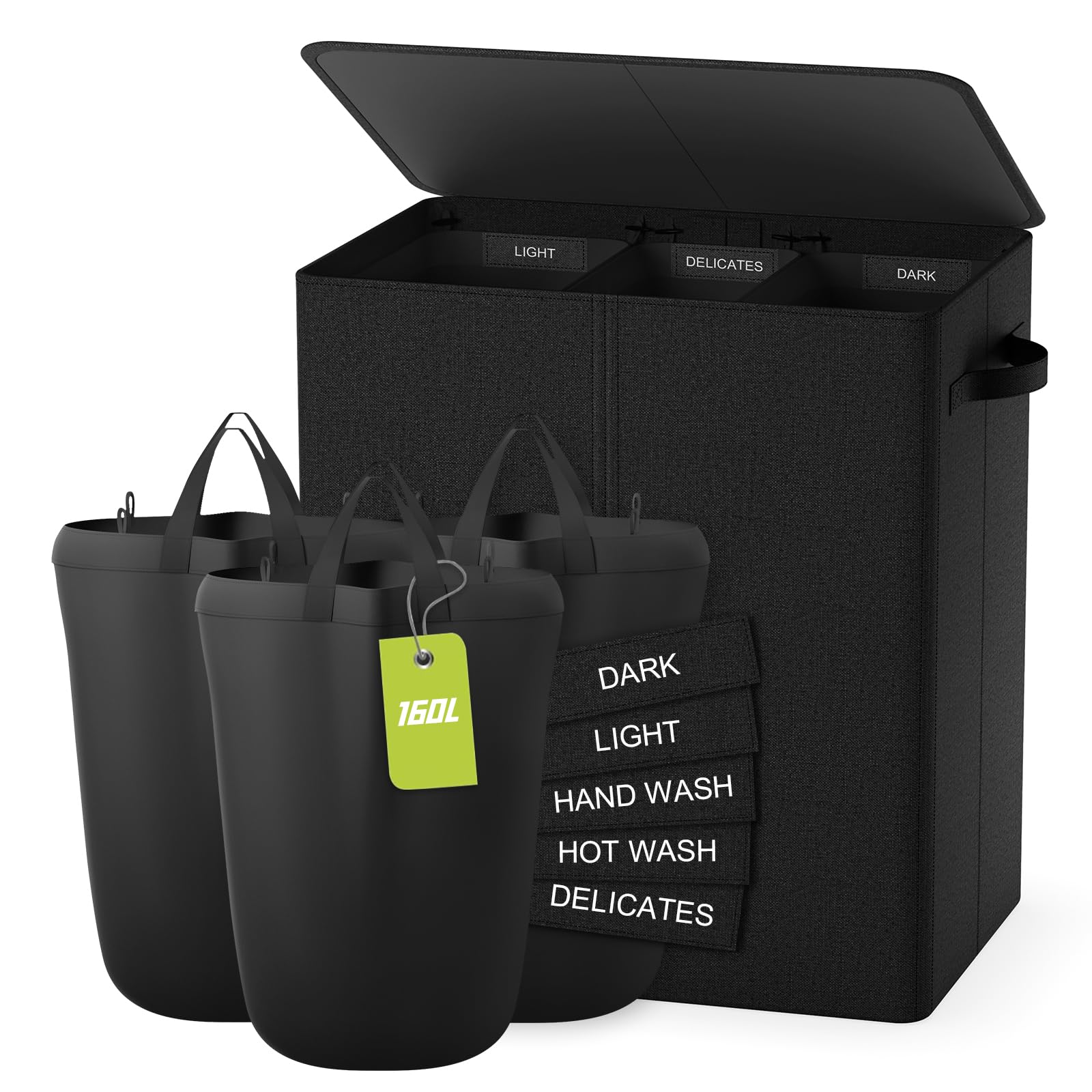 Laundry Hamper 3 Section, 160L Clothes Hampers For Laundry Basket With Lid, 3 Compartment Laundry Hamper With Removable Bags Ham