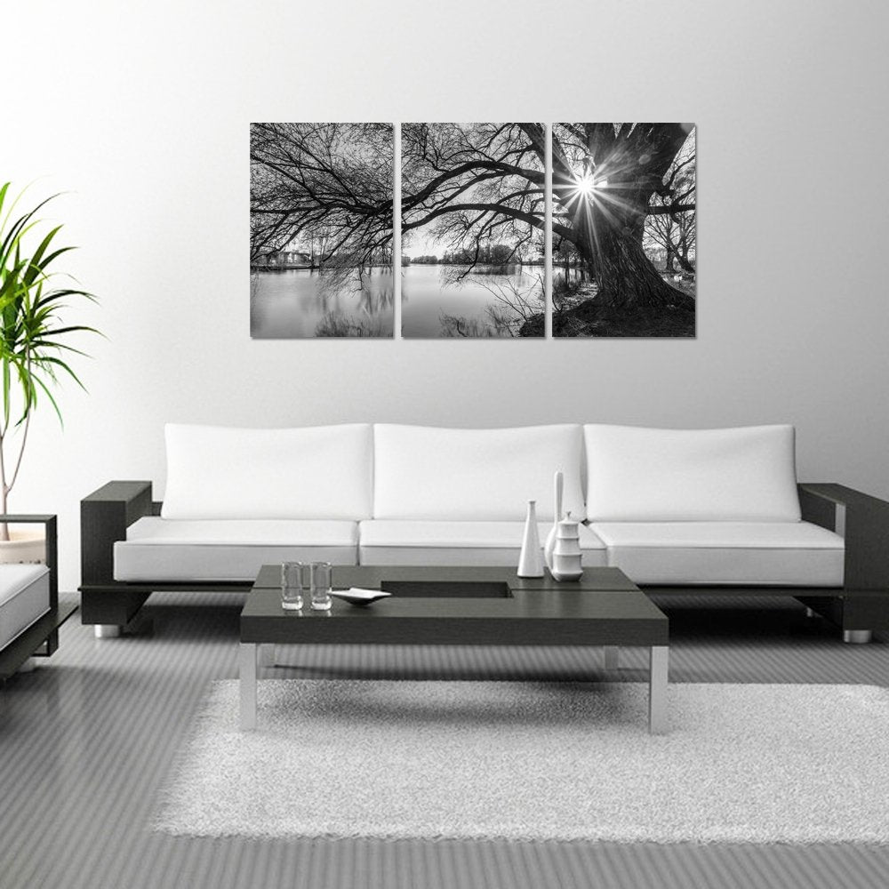 Sechars - Canvas Prints Wall Art Black And White Tree In Sunrise Canvas Wall Art Lake Landscape Picture Giclee Print On Canvas F