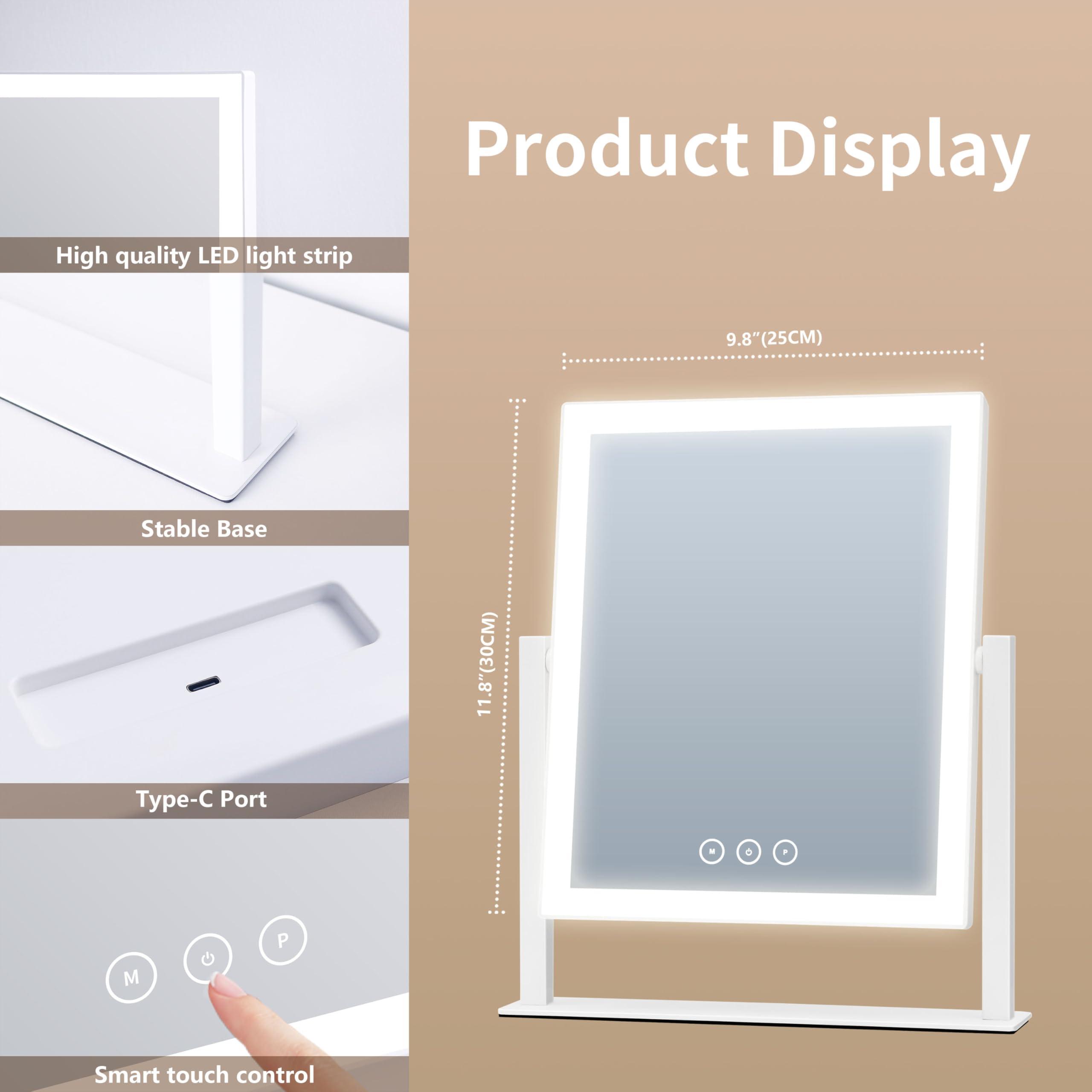 Acoolda Vanity Mirror with Lights  Makeup Mirror with Lights Three Color Lighting Modes  Dimmable Touch Screen  Detachable 10X Magnifying Mirror  360Free Rotation White