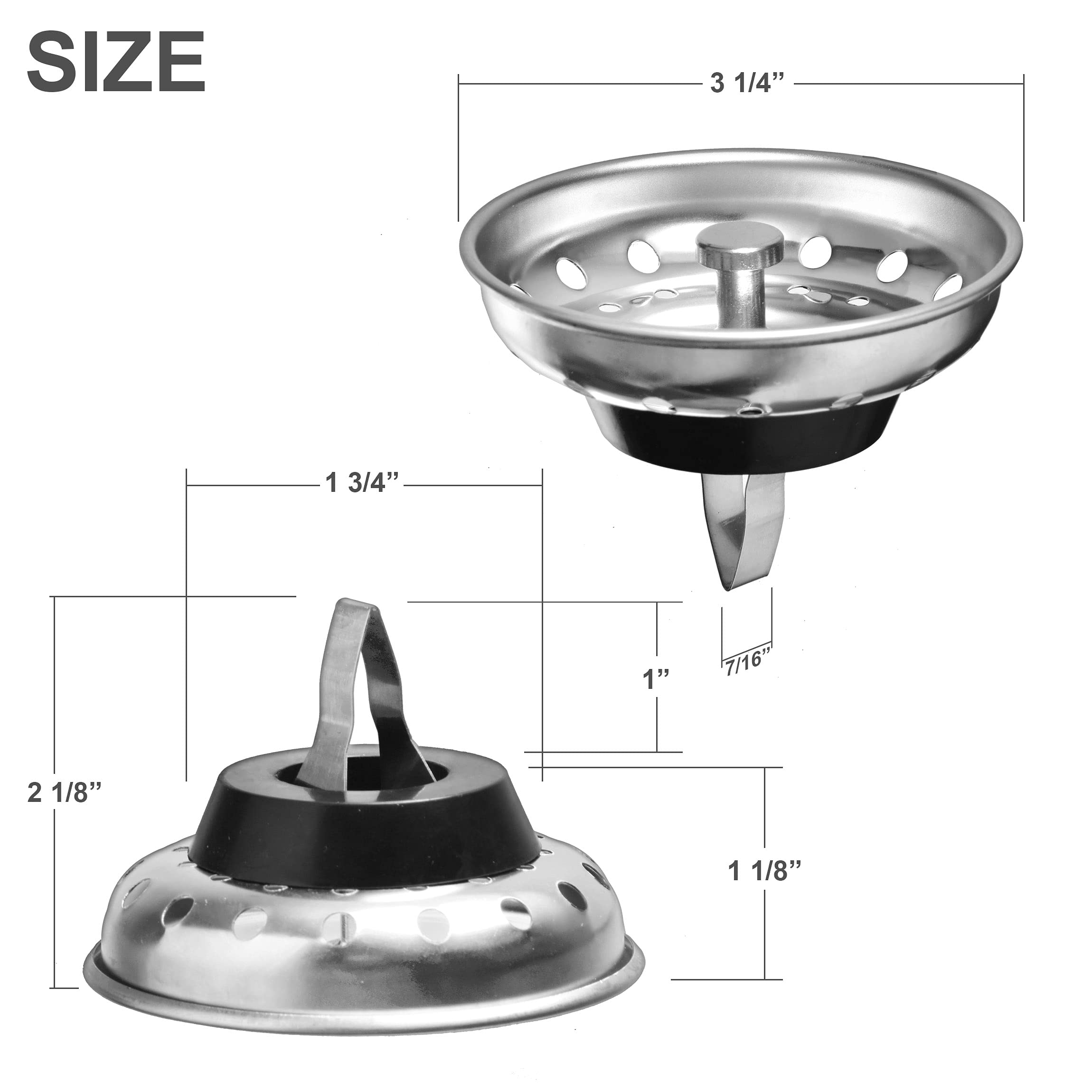 Hilltop Products Kitchen Sink Strainer & Stopper Combo, 3.5" Drain, Stainless Steel Basket, Silver, Model sdf - 2 Pack