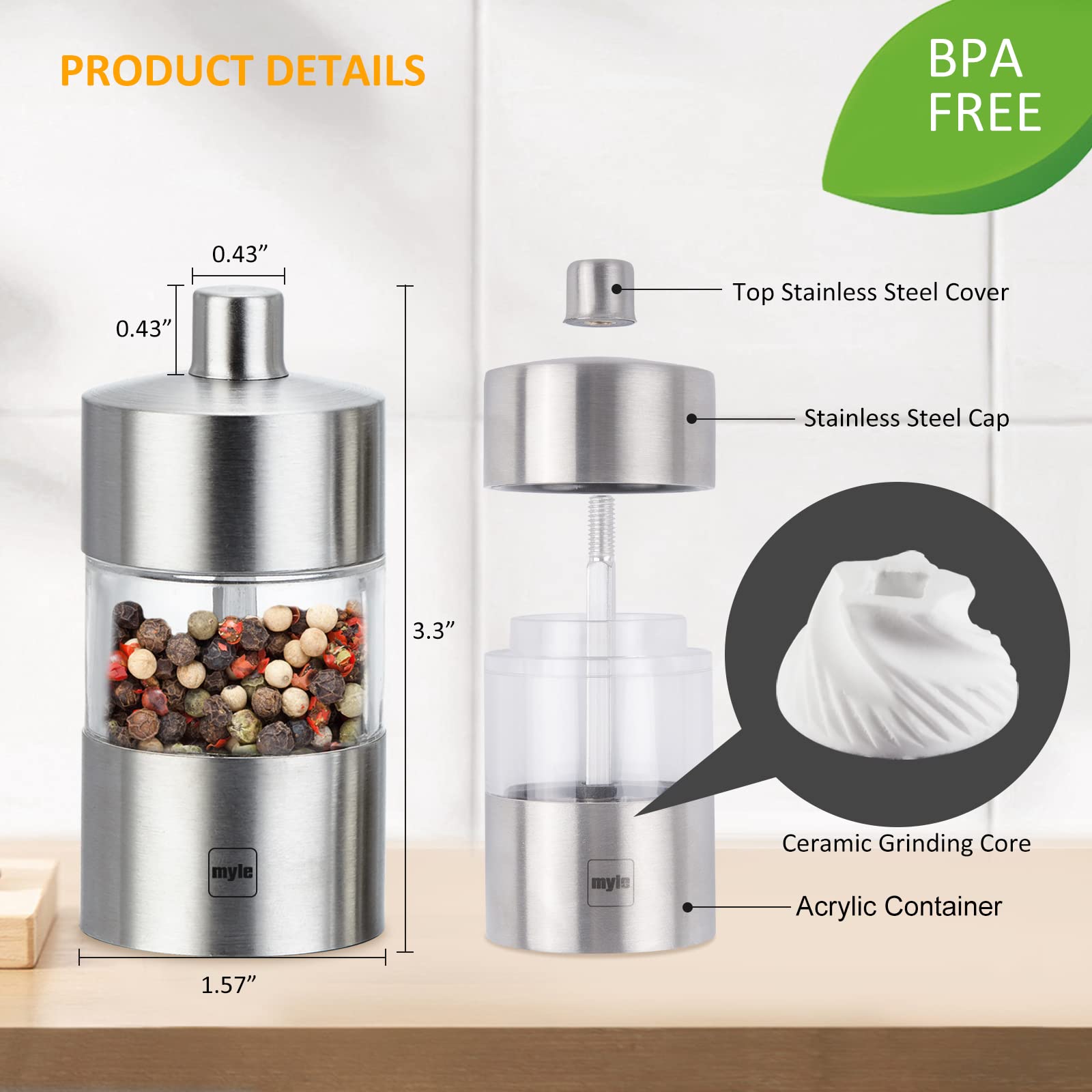 Myle Salt And Pepper Grinder Set Small Refillable Stainless Steel Pepper Grinder Mini Adjustable Ceramic Grinder Manual Salt Gri