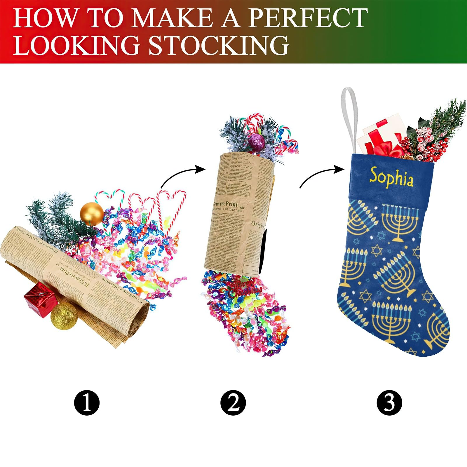 Custom Hanukkah Blue Happy Christmas Stocking Personalized with Name Xmas Family Holiday Birthday Gift Decor 17.52 x 7.87 Inch