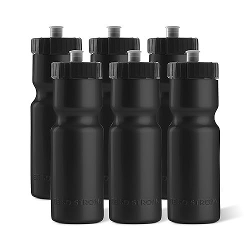 50 Strong Sports Water Bottle  6 Pack of Reusable Squeeze Water Bottles  22 oz. BPA-Free Plastic Bottles with Pull Top Cap  Made in USA  Top Rack Dishwasher Safe  Fits Most Bike Cages (Black)