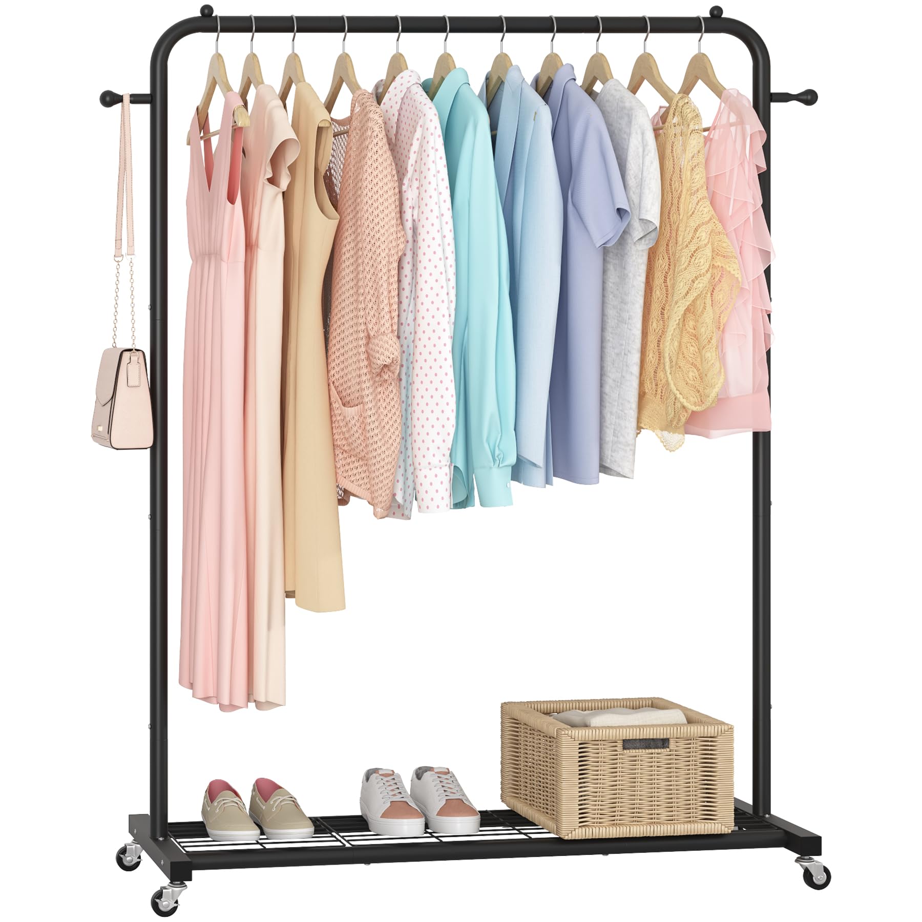 Sywhitta Clothes Rack On Wheels With Bottom Mesh Storage Shelf,Sturdy Metal Frame,Rolling Garment Rack For Hanging Clothes,Coats