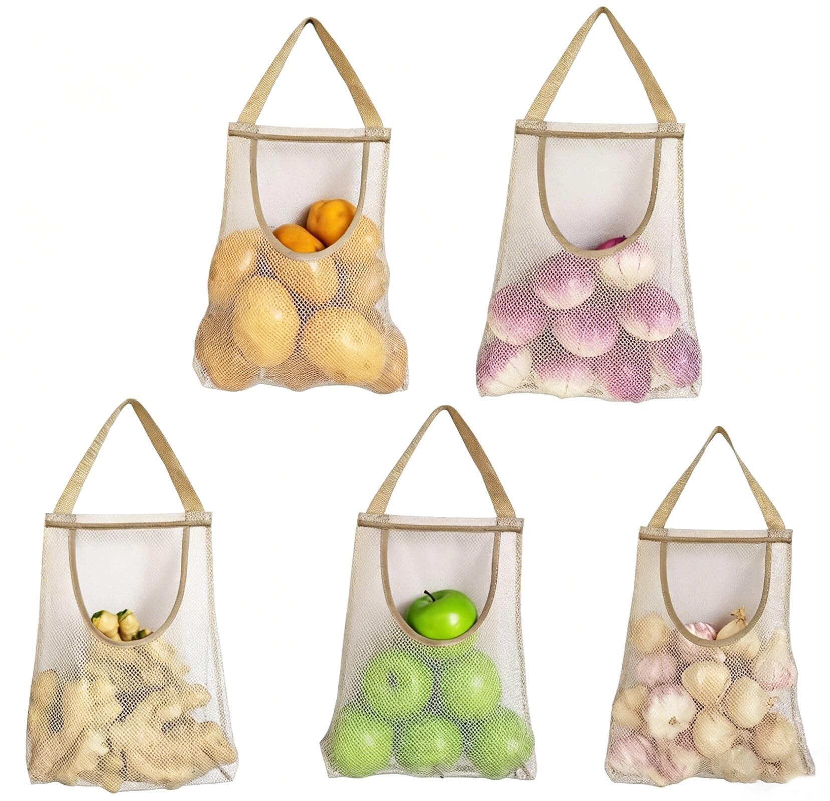 Ahyuan 5 Pack Hanging Mesh Storage Bags For Potatoes,Onions,Garlics,Vegetables Long and Large Reusable Net Storage Tote Bags for