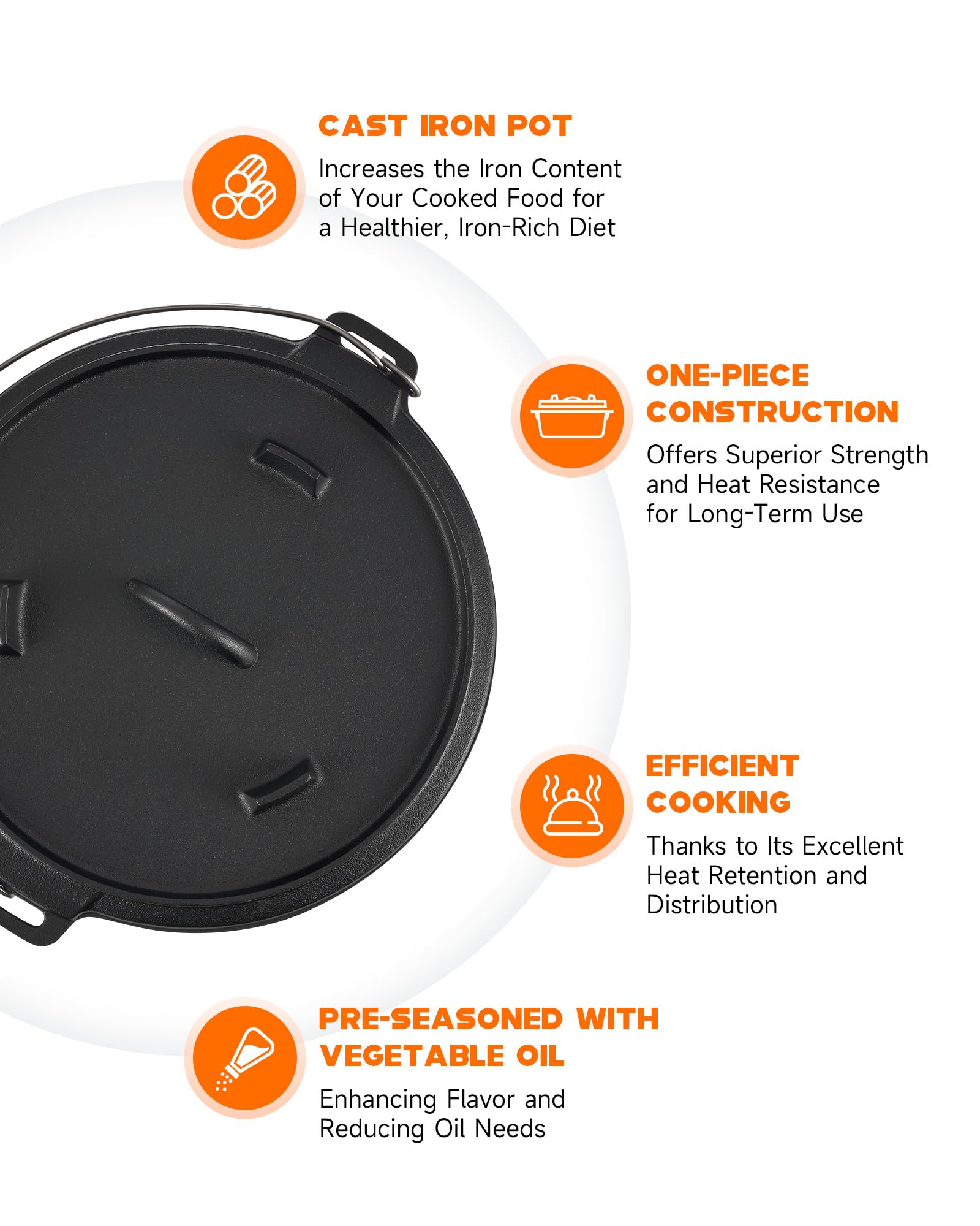 Dartmoor 9 Quart Pre-Seasoned Cast Iron Dutch Oven With Lid And Lid Lifter Tool Outdoor Deep Camp Pot For Camping Fireplace Cook