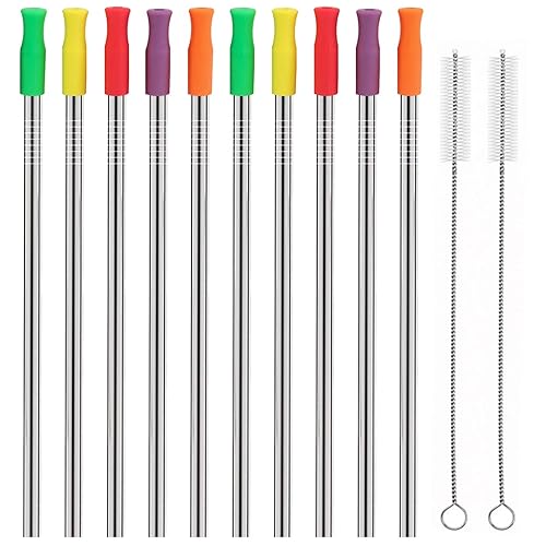 Huaqi Stainless Steel Metal Straws With Silicone Tips Set Of 10 Straight Reusable Drinking Straws For Yeti 20Oz 30Oz Tumblers (1