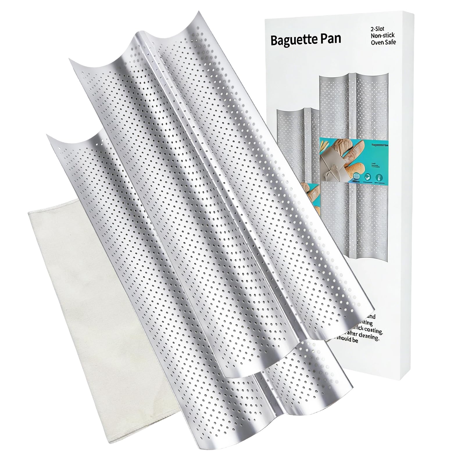 Logario Baguette Pan Set of 2, Perforated French Bread Pans with Cloth
